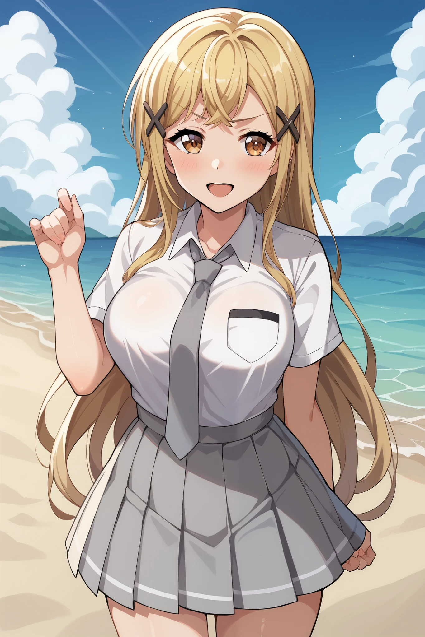 score_9, score_8_up, score_7_up,BREAK source_anime,beach with many people,masterpiece,1girl,alone,smile evil,blushing,mogudan,shiny_clothes,shiny_skin, five fingers,large breast,masterpiece, perfect body, perfect face, perfect_eyes,perfect_hands,shiny_clothes,shiny_skin,,best quality,amazing quality,very aesthetic,Arisaichigaya, ArisaIchigaya,long hair,side bangs,x hair ornament,hairclip ,brown eyes,blonde_hair,collarbone, collared white shirt, white shirt, short sleeves, chest pocket, grey necktie, grey skirt, pleated skirt, high-waist skirt, shirt tucked in