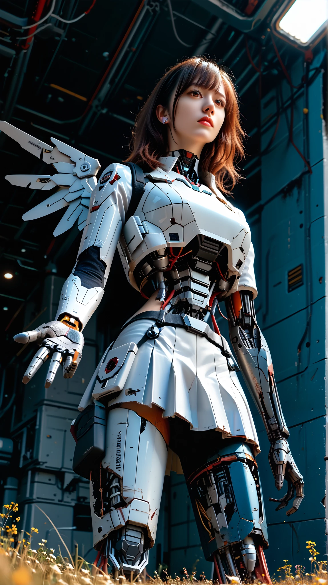 (((masterpiece))), (realism, realism texture, (science fiction, distant future), (top Quality, High Quality, top resolution, high resolution, (ultra detailed, high detailed))), (beautiful robot woman , woman is incredible machine:1.2), (beautiful face), (thin lips, wide mouth), red-lighting eyes, (robot white armor:1.3), machine frame, skirt, (steel knee-high greaves, (mechanical hands)), robot joint, (robot neck joint:1.2), (electronic component, damaged machine parts, big winged jet engine wing, broken neck, broken leg, robot torso:1.3), (Mechanical Gun Holster:1.3), Expressionless face, (cowboy shot:1.5), abandoned battefield, (closed mouth), (from below, hunker down, reaching:1.3), facing at viewer