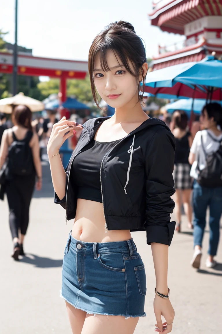 The 8k quality、Top image quality、超A high resolution、masterpiece、Photorealsitic、Raw photography、超A high resolution、21-year-old Korean、small tits、Dynamic angles、Cowboy Shots、smil、Laugh、The most beautiful forms chaos、elegent、Brutalist design、Vibrant colors、a short bob、smil、shiny white skin、Beautiful eyes with random colors、very thin lips、Beautiful eyes in every detail、Beautiful double eyelids、light chestnut hair、a park、Daytime outdoor、Overall、Black crop top、parka、hotpants、shot from a side angle、