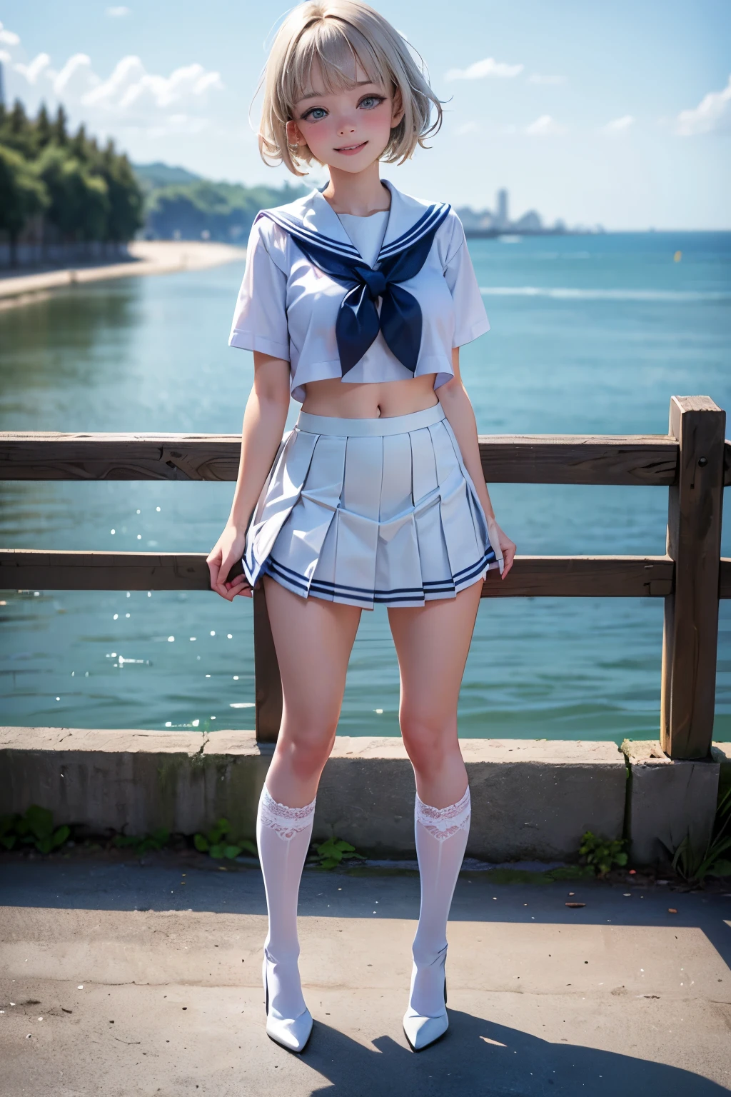 (A skirt flipped up by the wind:1.7)、1 high school girl、Sailor shirt、Pleated skirt、White lace panties、A shy smile、Bob Hair、Medium breast、Standing on stone steps in the park、Masterpiece:1.3、Raw photo quality、Highest quality、Highest detail image、Detailed Background、