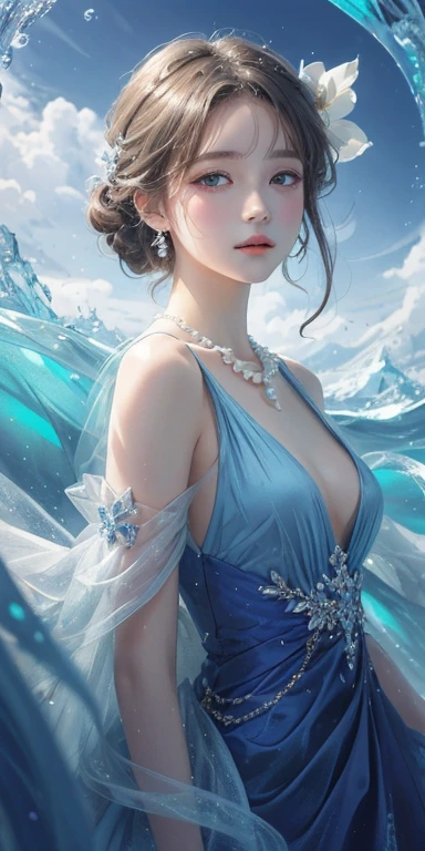 NSFW:1.1, (masterpiece, top-quality, supreme, Official art, Beautifully Aesthetic, long exposure time: 1.2), Smooth movement, Charming Patterns, 1 rapariga, (cleavage of the breast: 1.2), (Long Dress with Sleeves: 1.3), Long Blue Dress, (huge-breasted: 1.2), bare shoulders,Transparent nipple、 Japan 15-year-old woman, Transparent beautiful skin, Black leaf hair, portraitures, 独奏, The upper part of the body, Look at the observer, 细致背景, A detailed face, (Crystallized AI, Crystal Theme: 1.1 )、elemental water sprite、Rotating water、Water control、Diamond clothing、dynamicposes、particles floating、ethereal dynamics、Eau、steams、background ocean、bluish color、shores、Ethereal Atmosphere、