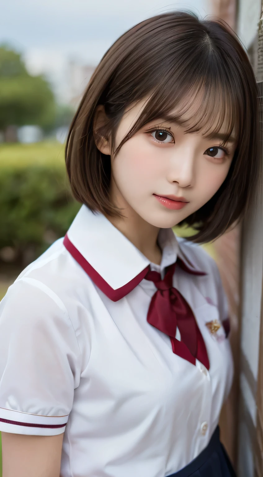 highest quality, Face Focus, Soft Light, Ultra-high resolution, (Realistic:1.4), RAW Photos, Japanese girl, alone, cute, (A shy smile:0.5), (Brown eyes, Light in your eyes), Beautiful face in every detail, (Small box),(High resolution detail of human skin texture), (Short Bob Hair), break, Sailor suit, Best, skirt、whole body、Red ribbon on chest、White collar with red line