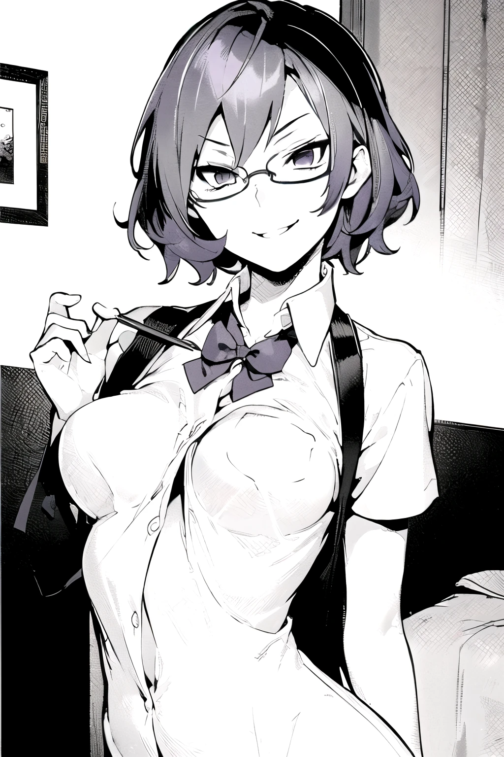 ((masterpiece,best quality)), {DATE_artstyle_LoRA : Manga_Style_LoRA } {horror_edit : Semi_Monochrome} { :( Mirei_Mikagura, short hair, ), perfectly_shape_breast : perfectly_fit_body } { , Dress, glasses } { face, wide_smile , smirk } { } { }