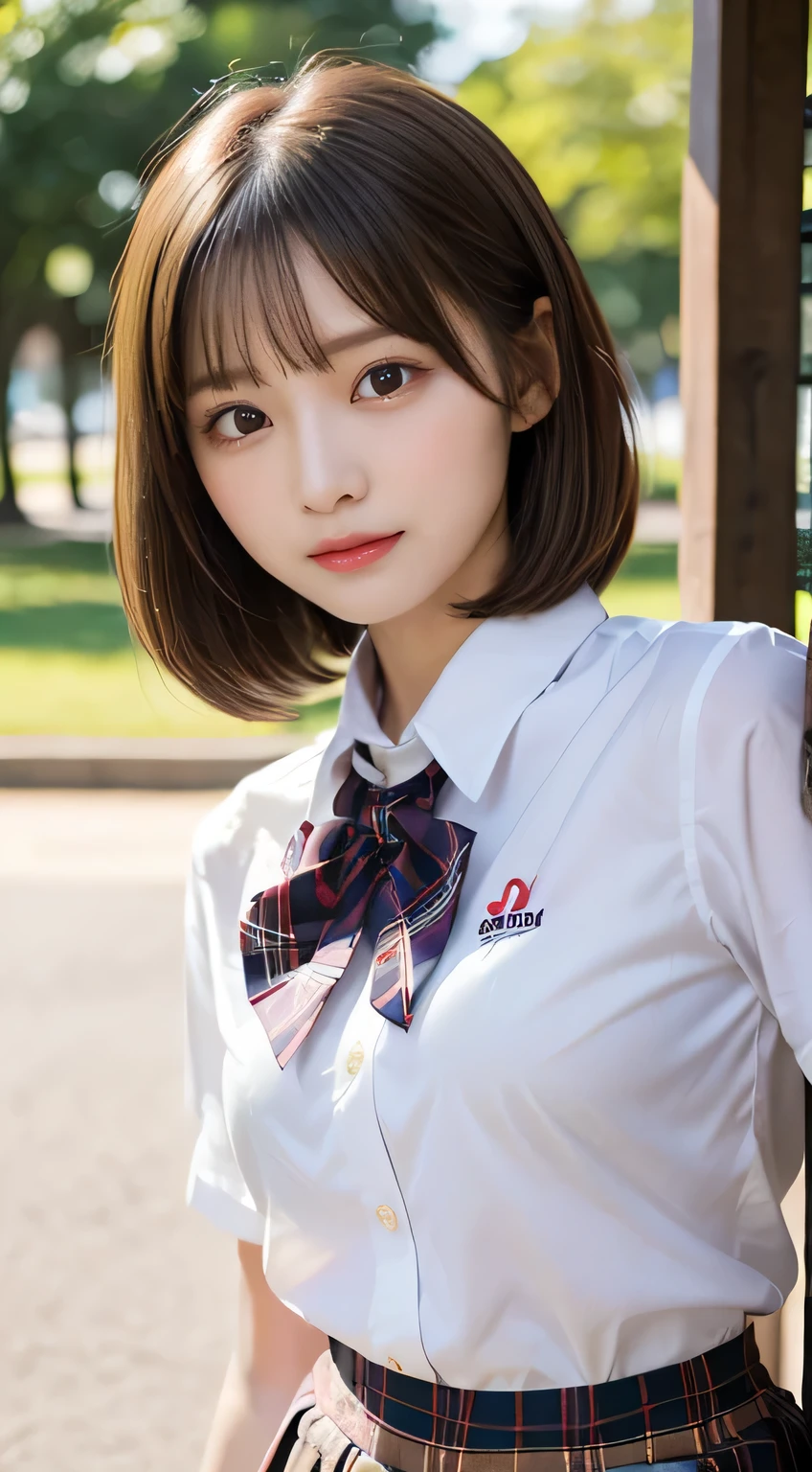 Top Quality, Masterpiece 、 actual photo 、The most beautiful girl in the world 、 Cute looks、 slender 、 perfect beautiful face in a private house 、 perfect and beautiful eyes 、 perfect and beautiful double eyelids 、 fashion model 、 Cute looks、 light brown hair 、( short hair、 high school girl、uniform、 plaid skirt、 Japanese idol、Clear sky、Large park:1.3)、