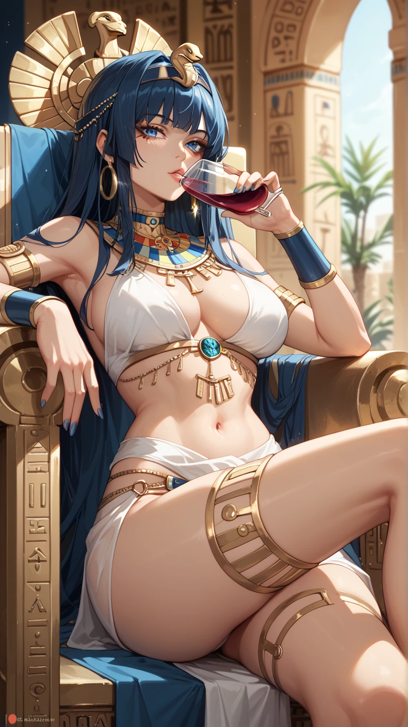 Sexy leona heidern, blue eyes, long hair, dark blue hair , wearing a very sexy white Egyptian outfit, Egyptian tattoos, Egyptian jewelry, In the throne room of a pharaoh, Drinking wine from a chalice,