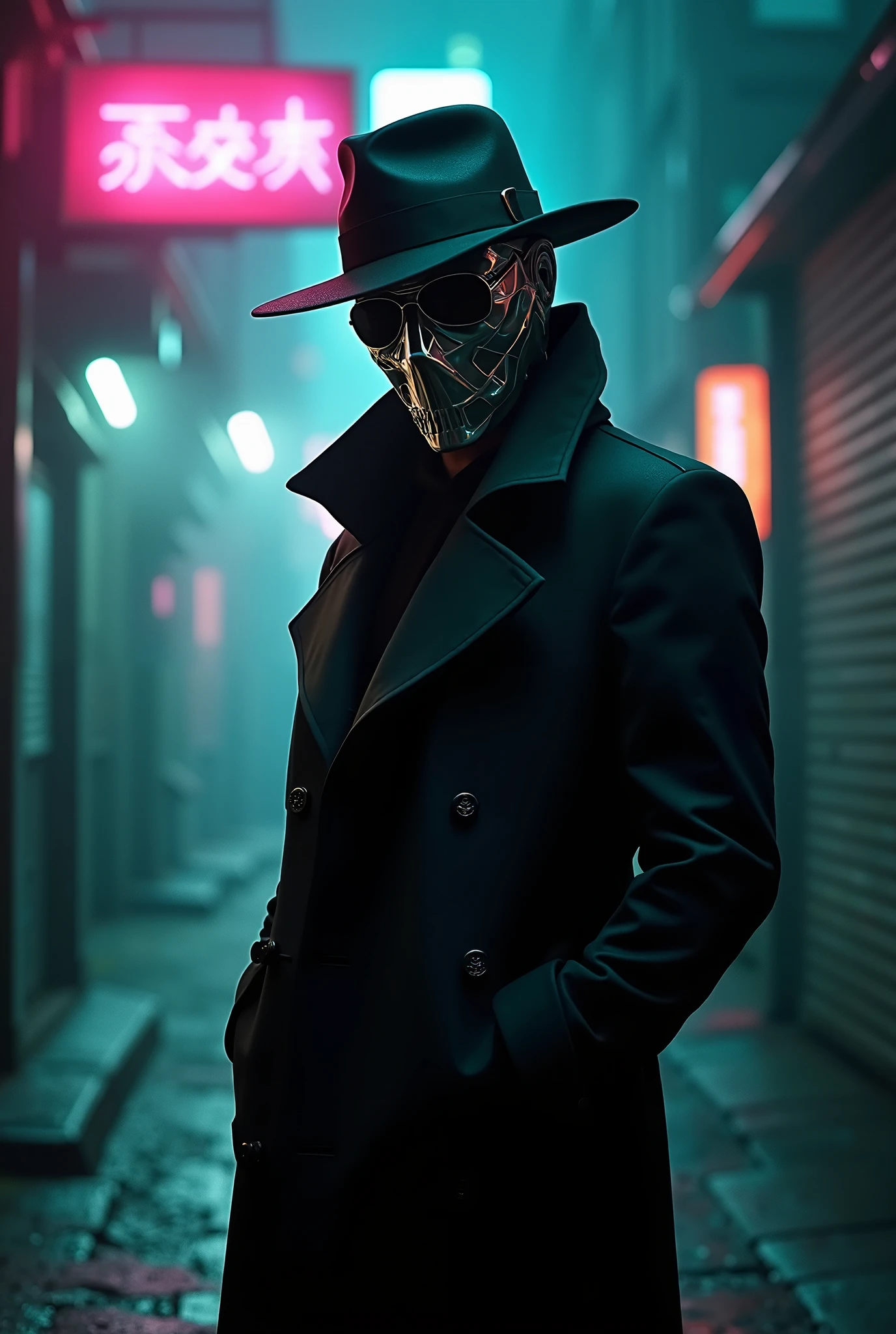 Tall man with black hair, tom de pele branca, Wear a mask