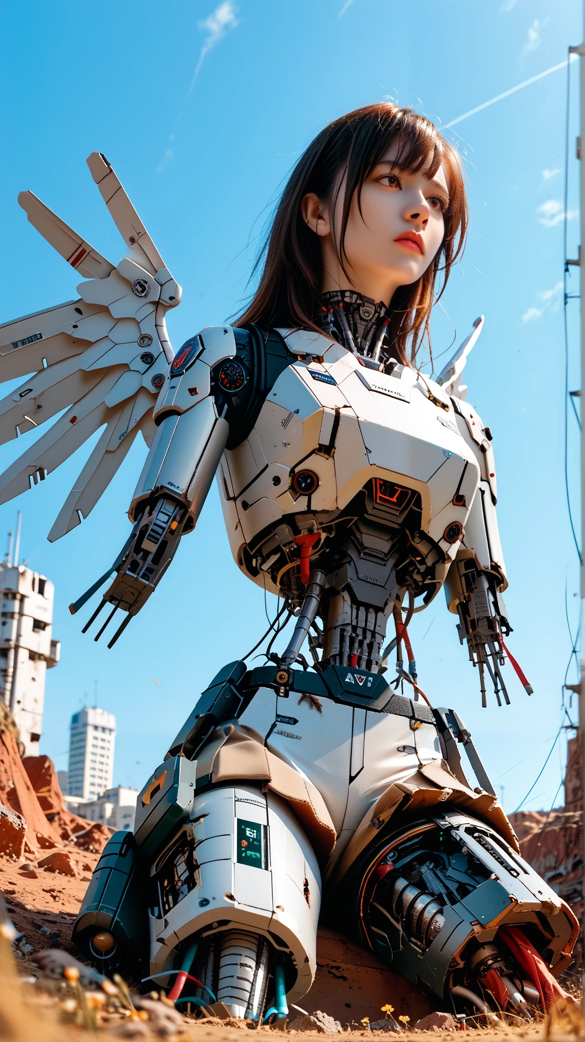 (((masterpiece))), (realism, realism texture, (science fiction, distant future), (top Quality, High Quality, top resolution, high resolution, (ultra detailed, high detailed))), (beautiful robot woman , woman is incredible machine:1.2), (beautiful face), (thin lips, wide mouth), red-lighting eyes, (robot white armor:1.3), machine frame, skirt, (steel knee-high greaves, (mechanical hands)), robot joint, (robot neck joint:1.2), (electronic component, damaged machine parts, big winged jet engine wing, broken neck, broken leg, robot torso:1.3), (Mechanical Gun Holster:1.3), Expressionless face, (cowboy shot:1.5), abandoned battefield, (closed mouth), (from below, sit with legs stretched out in ground:1.3)