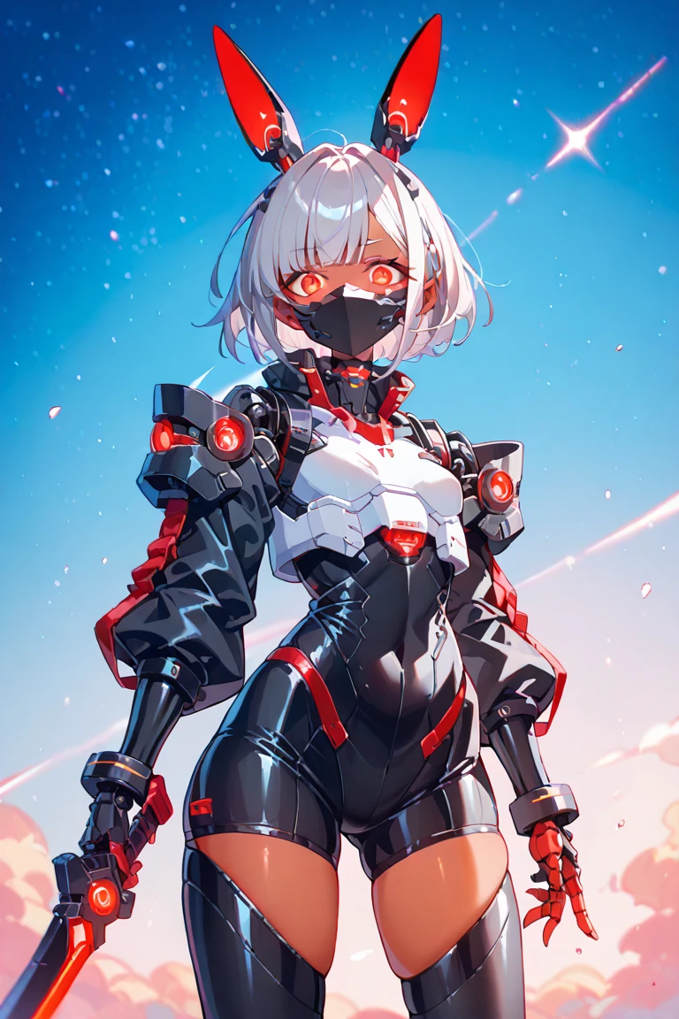 score_9, score_8_up, score_7_up, source_anime BREAK 1girl, <lora:drake-nikke-richy-v1_pdxl:1> drakedef, short hair, white hair, earrings, hair ornament, black leotard, shoulder armor, capelet, mecha musume, gloves, standing, looking at viewer, mask, covered eyes, red eyes