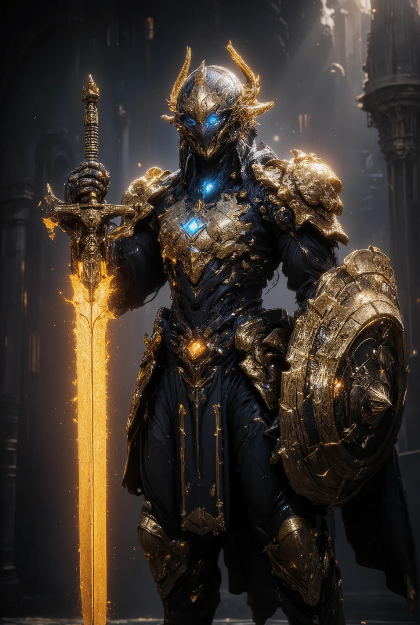 An awe-inspiring paladin wearing golden armor, wielding a sword imbued with radiant light, and holding a golden giant shield. The paladin’s blue eyes shine with determination as they navigate through the dark and mysterious cityscape. The glow of the paladin’s sword illuminates the surroundings, revealing intricate details and adding a cinematic touch to the composition. The overall aesthetic captures the beauty and depth of the scene, reminiscent of Fujifilm photography.smile