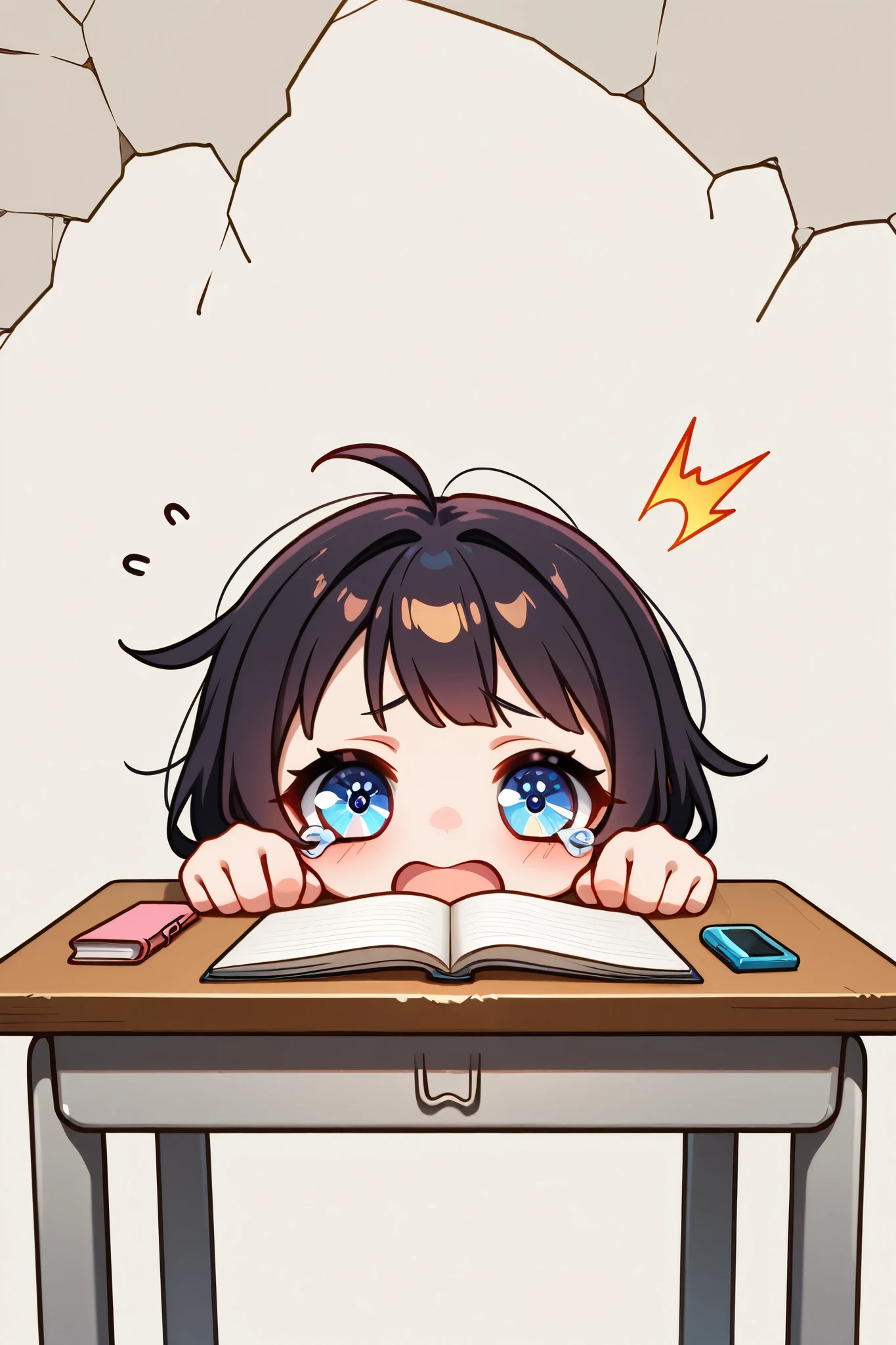 ( alone:1.2), a boy ,( Very cute , Very cute ,( funny crying style :1.4, = =:1.4, = =:1.4, open your mouth wide :1.4, banging hands on the table :1.3), ( dark hair :1.2), ( bizarre red and blue eyes ), ( big eyes), Break Background \Living:1.3, white sexy background :1.3, notebook and paper on desk:1.3, Pop Art , The bright colors , ( Graffiti Art :0.5), 8k wallpaper, Deformed illustration