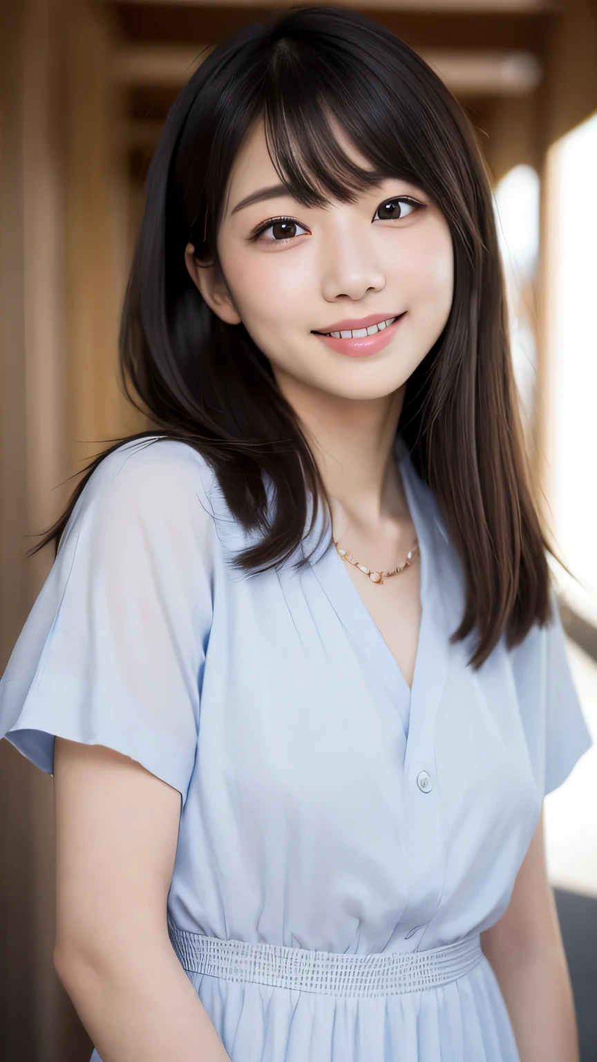 Photorealistic, high-quality 32k photo, 35mm lens, f/1, Simple and beautiful Japanese women, ((Black medium long hair, chest: 1.2)), A soft smile, detailed face, detailed eyes, A white room bathed in pale sunlight, Backlight, not wearing a bra under white camisole dress