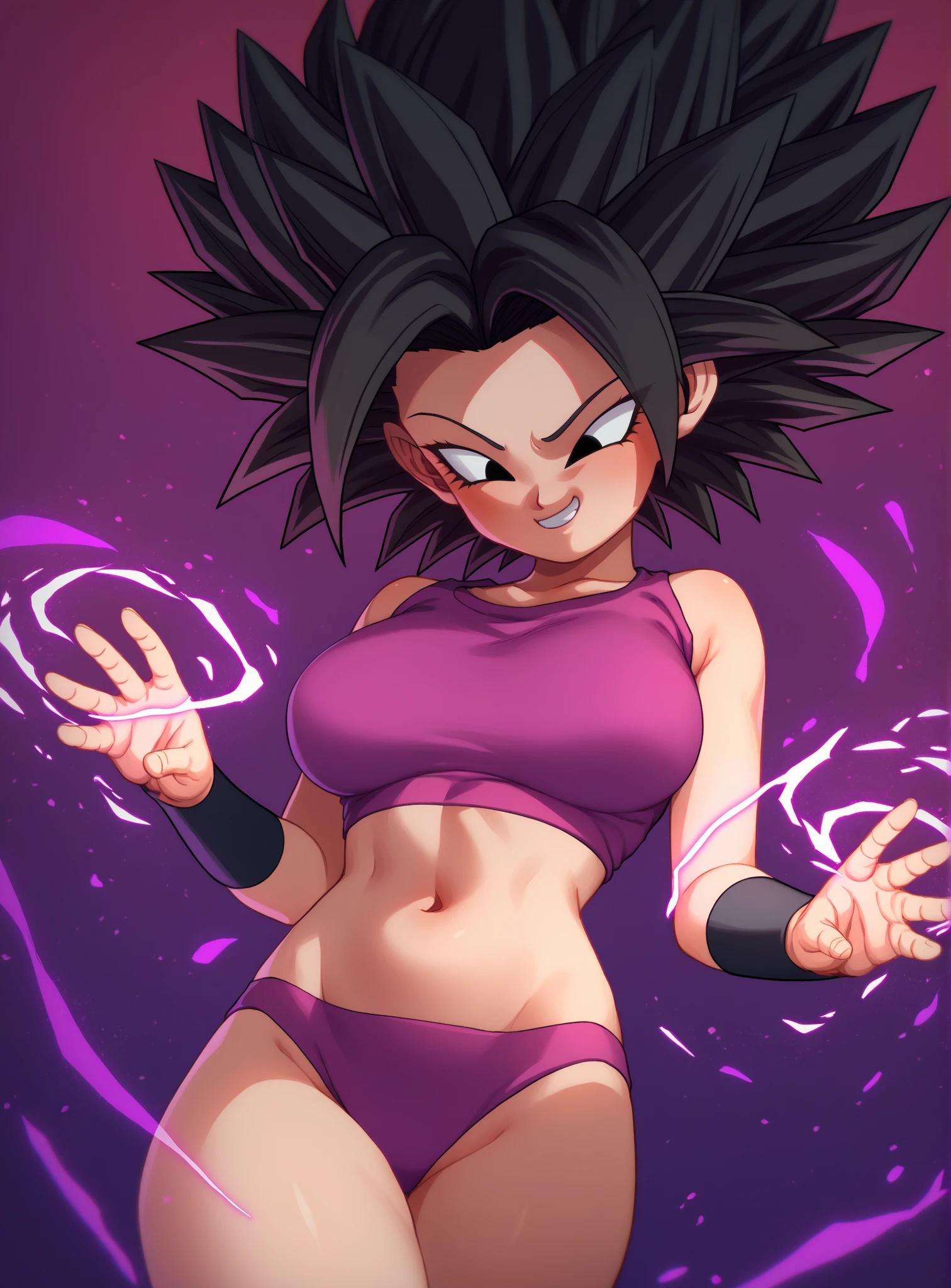 ((((Realistic)))), (((Caulifla))), ((DragonBall Super)), A young woman, Caulifla of DragonBall Super, Super Sayain, serious look, full body, black hair, deep deep purple eyes, purple bikini, swimsuit is on the beach, rounded ear, sunny day, (by akira toriyama) . ((Manga: 2.0)), ((Anime: 2.0)) . ((Drawing superior detailed quality: 2.0)), 32k quality, 2D, ((Cell Shading)), (((natural breasts under clothes))), normaly body, serious, (((Muscle: 1.5))), (((Normal Body: 2.0))), serious, natural lighting, colour grading, hyper detailed, highly detailed, refined armor, better shadow play, symmetrical eyes, detailed manga eyes, detailed hair, detailed clothes, detailed body, cleaner designs, detailed face, shiny objects like jewels, more coherent clothing, correct the features of the clothes, see creases on clothes, more coherent clothing, ((Manga Face: 2.0)), ((Manga Eyes: 2.0)), (more rounded eyes transparent liquid globular), more pronounced colors, more coherent clothing, correct the features of the clothes, better eyes contour, better shoulders, face correction, real skin effect, really colorful, (Coarser Line : 2,0), (Black Line: 2.0), eyes drawing correction, character drawing correction, drawing correction, superior color quality, finishing . (Realistic Reflection:1.0), (Realistic Lighting:0.5), (Rim Lighting:1.0), (Color: 2.0), (Cleaner: 2.0), (Adjusted Color Contrast: 2.0)