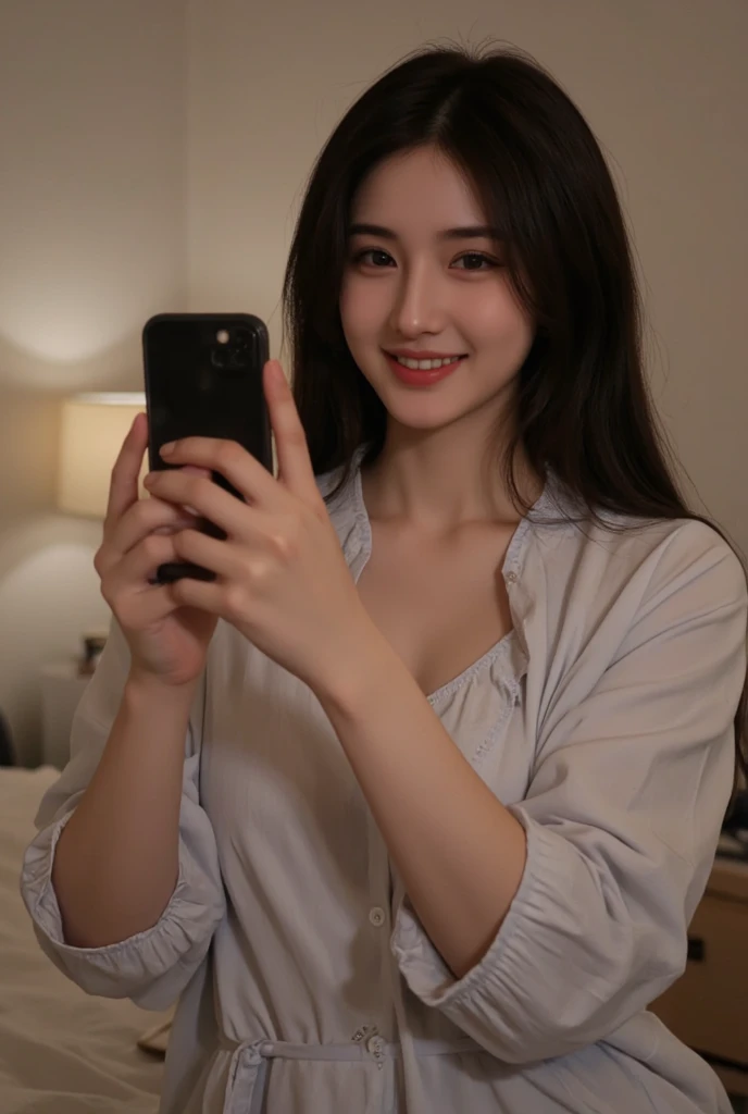 (Highest quality、、32K、masterpiece、Best Quality、Realistic）)、Black Hair、long hair、Big 、In underwear（Selfie、See-through:1.3）smile

