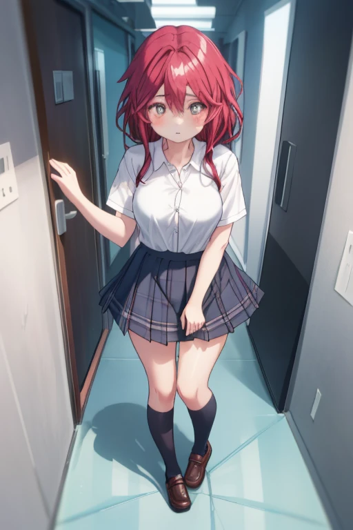 (((((Dildo on the floor:1.5, standing, spread legs:1.5, Point your knees outwards:1.5 ) behind head, Push your hips forward,pussy juice , Voluptuous body, Slut、(Dildo on the floor, standing, spread,arms behind head, Point your knees outwards:1.5, Sweat, Angle from below)))), Realistic composition, Doujinshi scene,, Big Thighs, Pleated skirt, White Shirt, Angry face, blush, from below