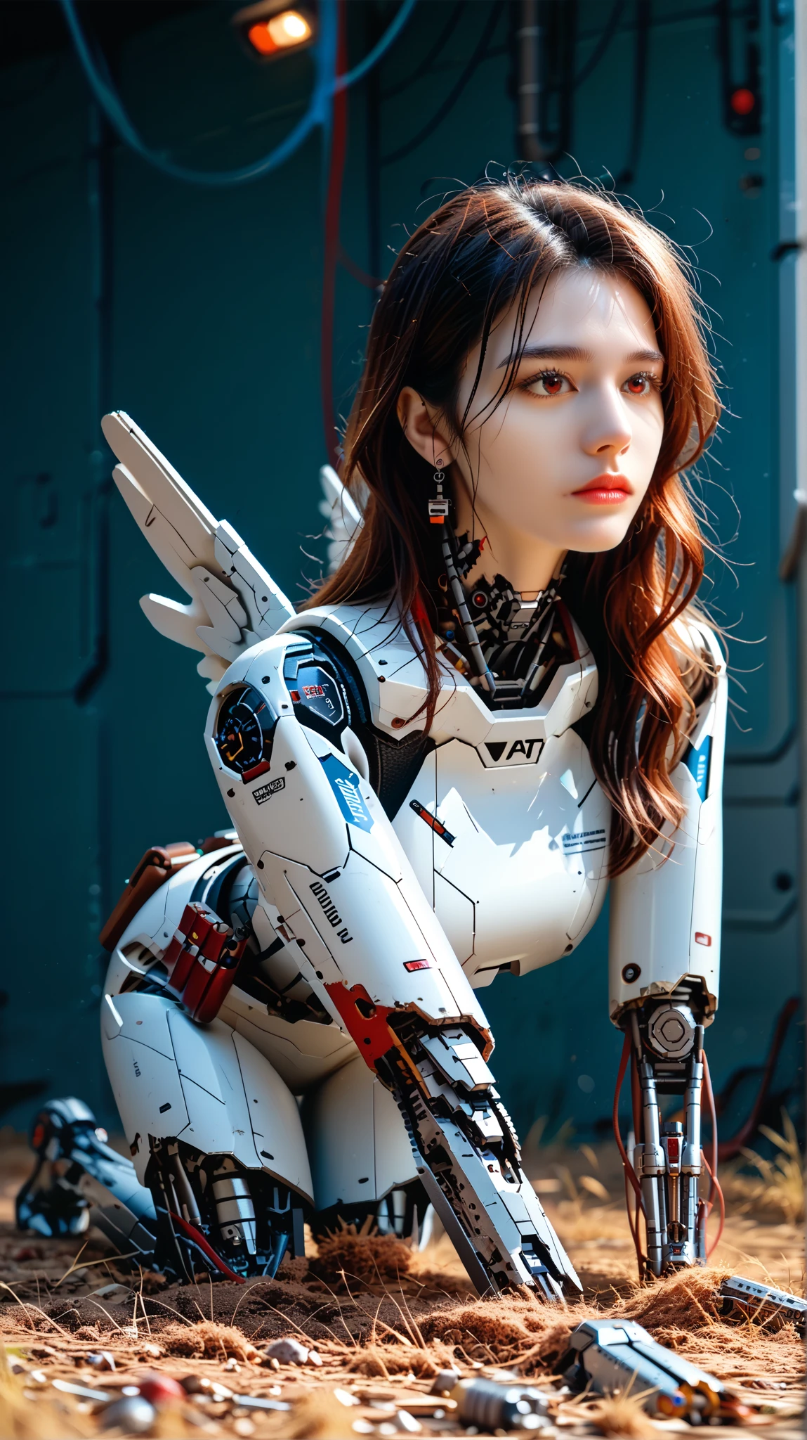 (((masterpiece))), (realism, realism texture, (science fiction, distant future), (top Quality, High Quality, top resolution, high resolution, (ultra detailed, high detailed))), (beautiful robot woman , woman is incredible machine:1.2), (beautiful face), (thin lips, wide mouth), red-lighting eyes, (robot white armor:1.3), machine frame, skirt, (steel knee-high greaves, (mechanical hands)), robot joint, (robot neck joint:1.2), (electronic component, damaged machine parts, big winged jet engine wing, broken neck, severed leg:1.3), (robot torso), (Mechanical Gun Holster:1.3), Expressionless face, (cowboy shot:1.5), abandoned battefield, (closed mouth), (crawl on all fours:1.3)