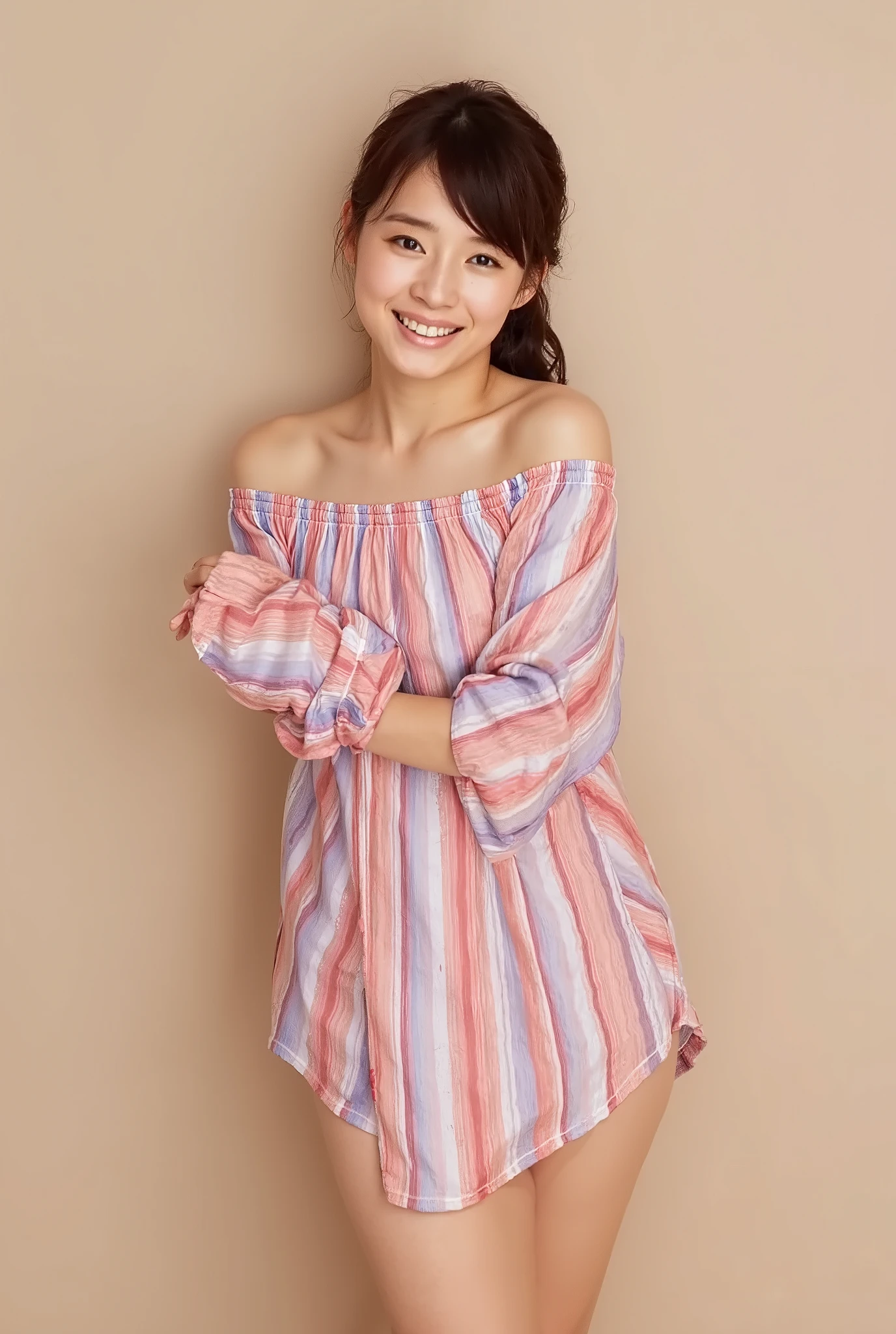 off-the-shoulder pajamas looking down at the camera , is, Wearing、 I'm holding it in front of my chest, View above the collarbone、 raise your throat for a cute smile、 bright colored panties