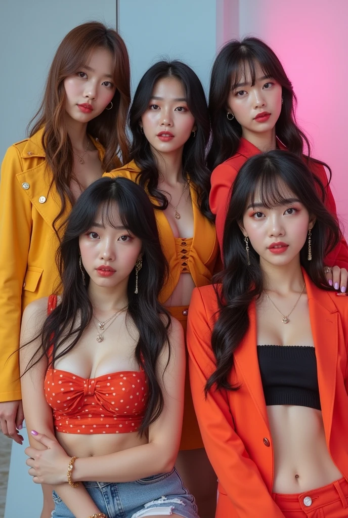korean girl
Capture all 5 members in a dynamic, front-facing group shot. Each member is styled in their individual color (pink, blue, purple, yellow, red). Bright, even lighting illuminates their vibrant outfits and fierce expressions. The background should be a sleek, modern studio with a touch of Y2K retro elements to enhance the theme. The lighting should highlight each member while creating a cohesive, glamorous look for the group.
