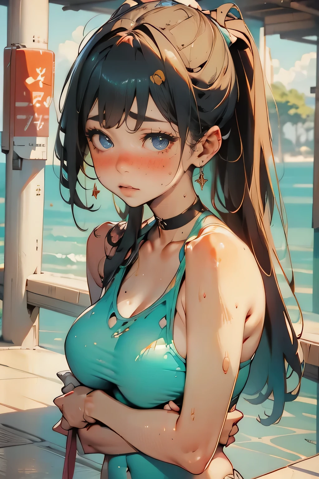 (Countless tentacles restrain the female ninja),((masterpiece,Highest quality:1.3,Highest qualityのイラスト)), solo,1 Female,(Mature Japan beauty)、Black Hair,(Low Ponytail Hairstyle),Long Hair,Blunt bangs,Iris,Gorgeous eyes,((very small head:1.3)),tears,pain,((Very long body:1.2)),Medium chest,(Sunburn:1.4), (Glowing Skin,Toned body,Slender body, skinny),(Torn black female ninja costume、Sleeveless、Injury:1.5、Black mini skirt),Kneel,Collapsed building at night、Modern Tokyo、
