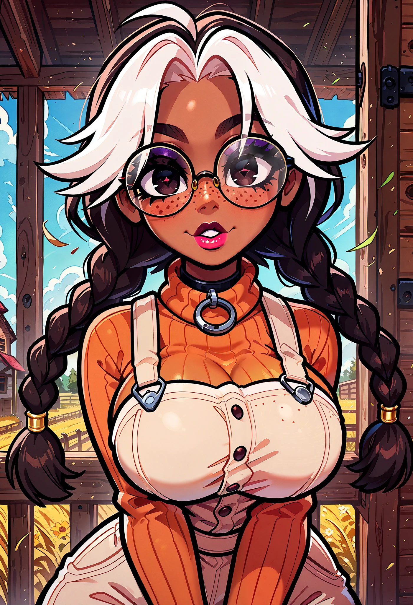 (masterpiece), 1girl, solo, best quality, expressive eyes, perfect face, newest, perfect anatomy, flawless face, dark skinned African female with two long braids and glasses, multicolored hair, collar, makeup, lipstick, glossy lips, freckles, big breasts, big butt, looking at viewer, hair blowing in wind, seductive expression, sexy look, pov from front, orange turtleneck, khaki overalls, on a farm, tending to a cow, barn animals in background