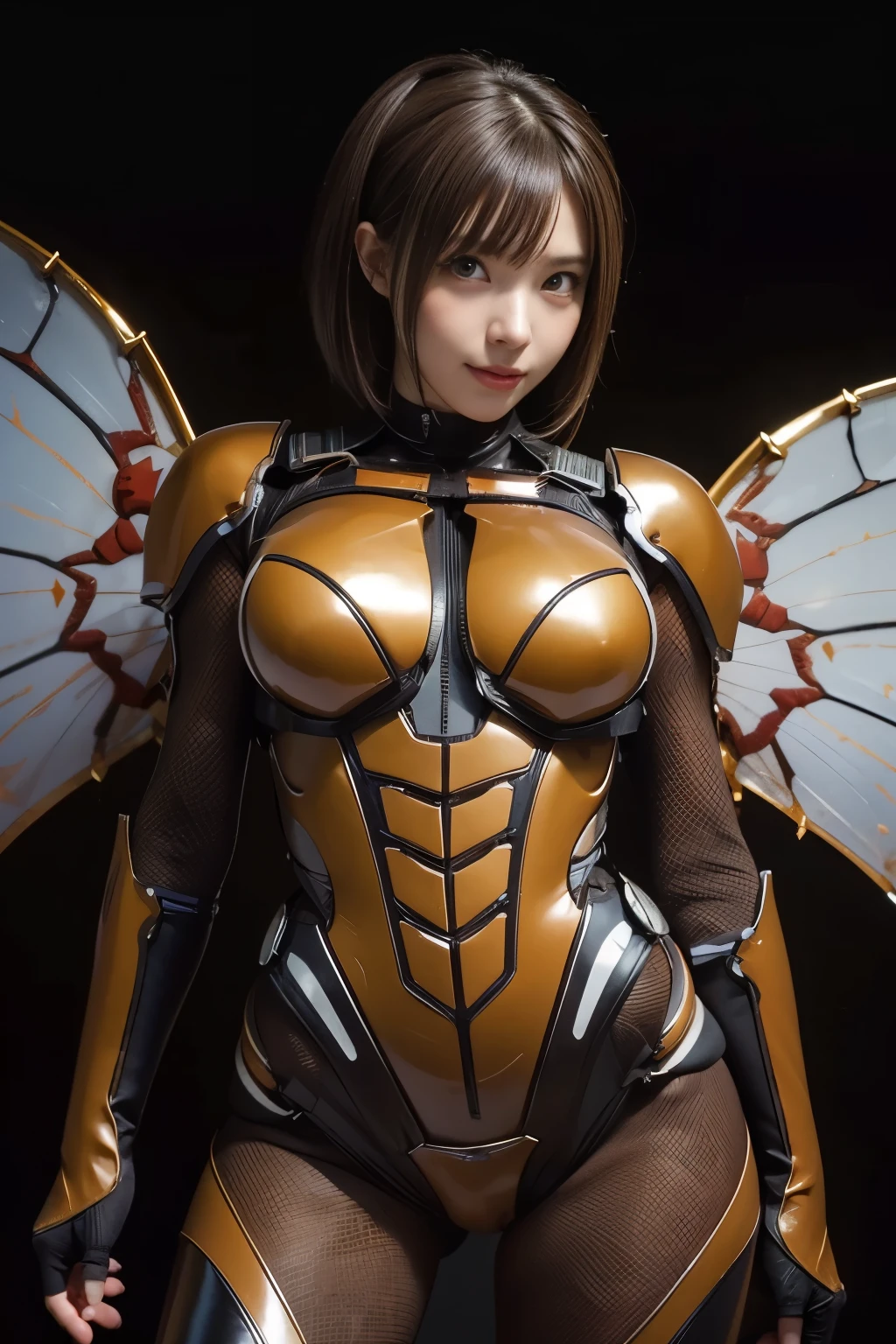 (high resolution,masterpiece,best quality,extremely detailed CG, anime, official art:1.4), realistic, photo, amazing fine details, all intricate, gloss and shiny,awesome many layers, 8k wall paper, 3d, sketch, kawaii, illustration,( solo:1.4), perfect female proportion,villainess, (fusion of dark brown cockroach and lady:1.4), (brown cockroach form lady:1.2), (brown cockroach lady:1.2), (fusion:1.2), (solo:1.4), (evil smile:1.2), muscular, abs, (cockroach brown exoskeleton bio insect suit:1.4), (cockroach brown exoskeleton bio insect armor:1.2), (brown transparency cockroach wing:1.4), (brown cockroach antennae:1.3),