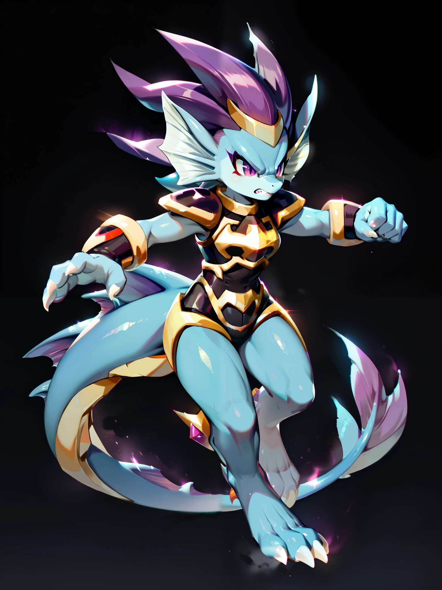 Anime, ((anime style)), solo drawing, solo, Three-Quarter view, ((Solid Black Background)), ((vivid purple eyes)), ((draconic ear fins)), ((head fin)), ((tall figure)), ((angry expression)), ((running pose)), ((digitigrade legs)), ((digitigrade feet)), ((highly detailed anime style)), clean lines, claws, Merga from freedom planet 2, female, light armor, blue skin, black armor with gold trim, white claws, short muzzle