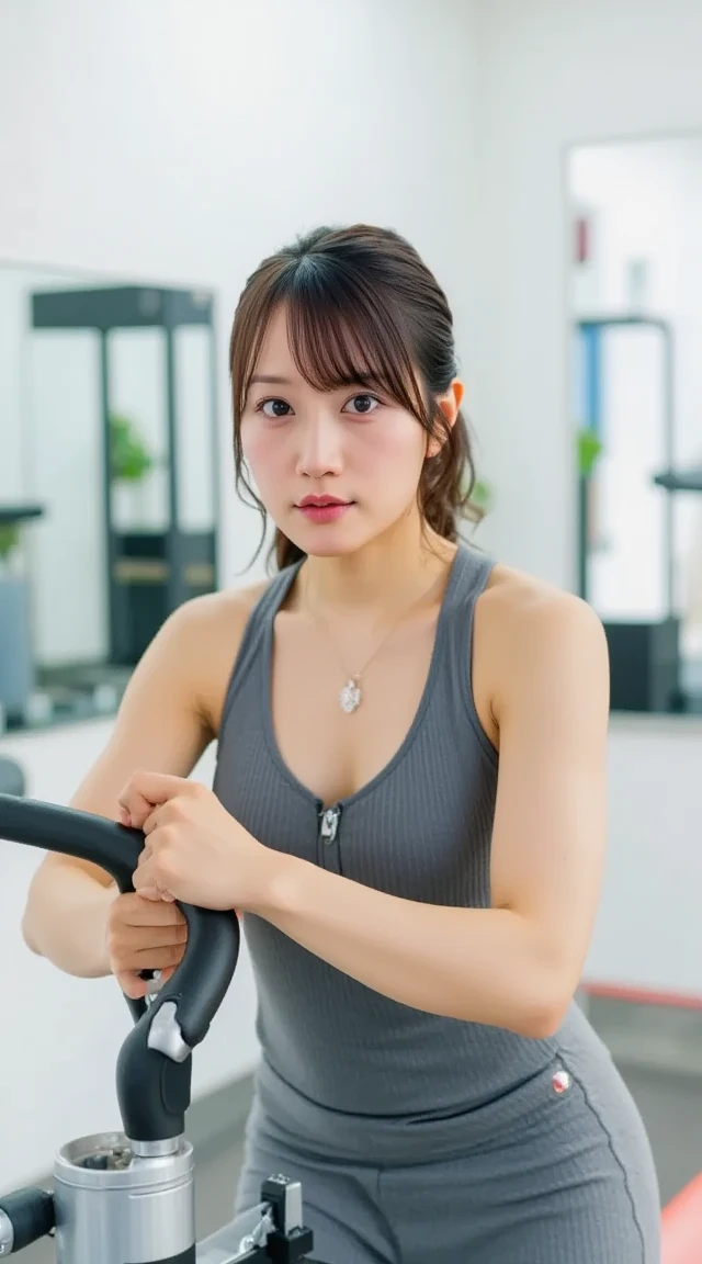 highest quality, Ultra-high resolution, (Realistic: 1.4), 1 girl, (Black Hair: 1), (Small breasts: 1.6), Gym Wear, exercise