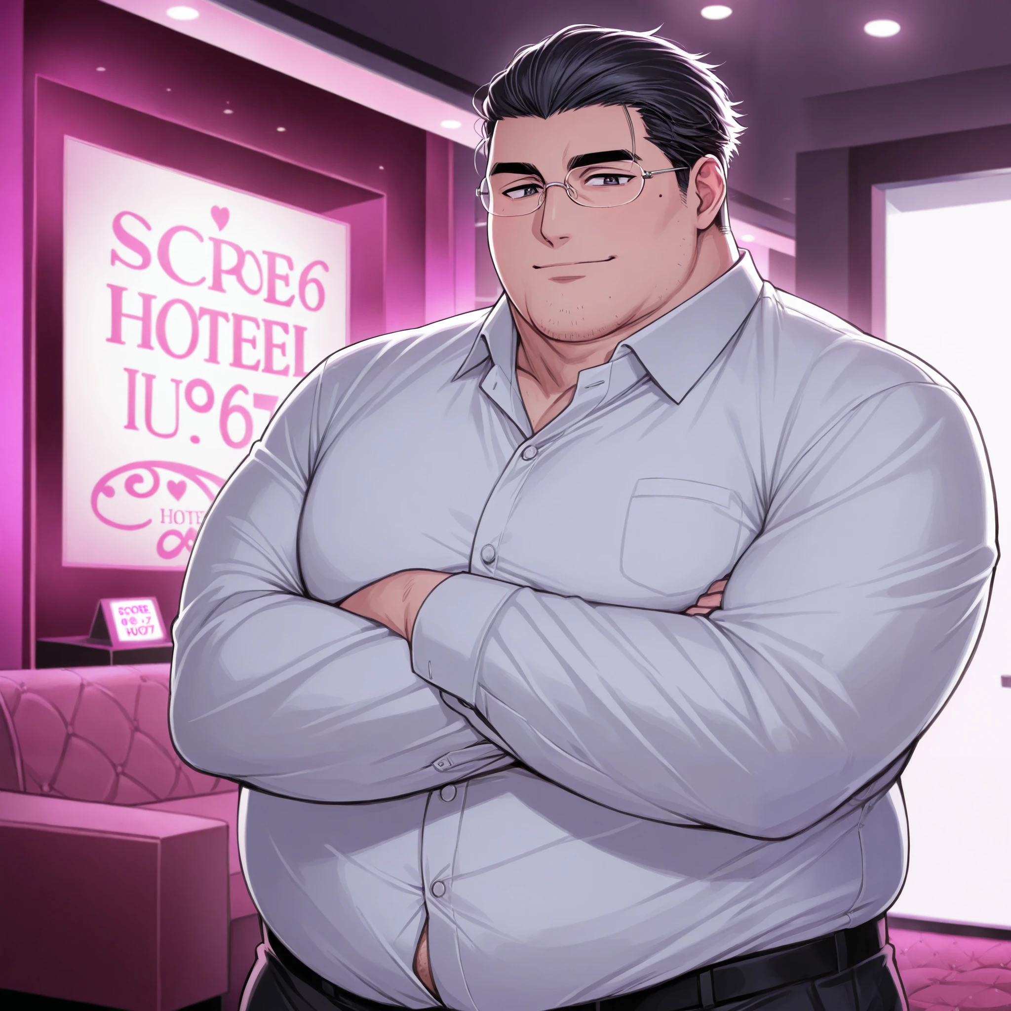 obese fat man,solo ,dress shirt ,rimless glasses,black slicked back hair,cleft chin,crossed arms,japanese ,love hotel,light smile
