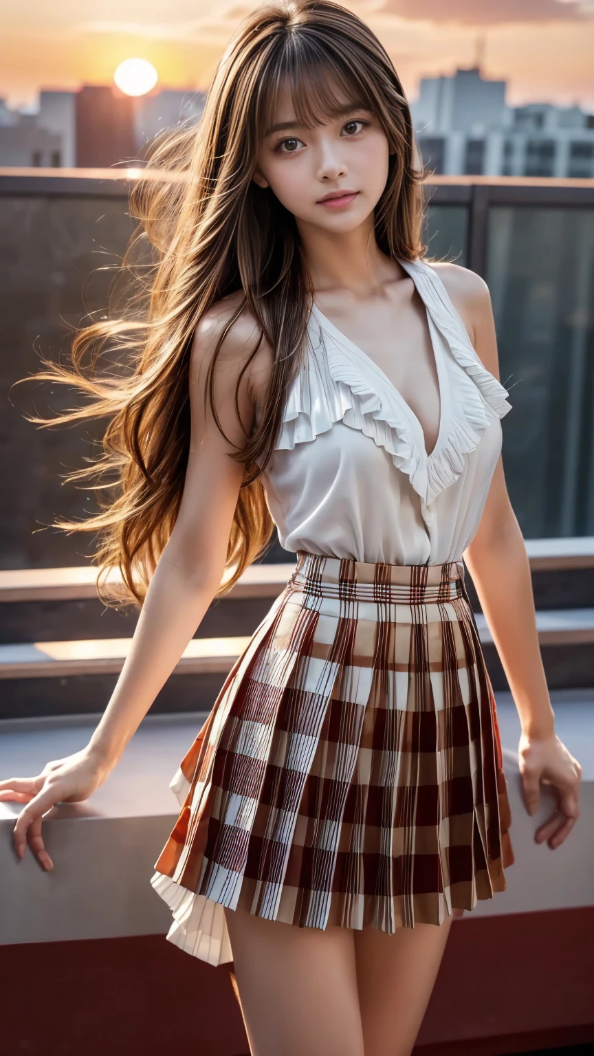 ((pre-teen)), dress, tights, high balance, tiny breasts, dark brown hair, natural light, hyperrealistic, HDR, 8K, best quality, high resolution, caused in the city in front of a building