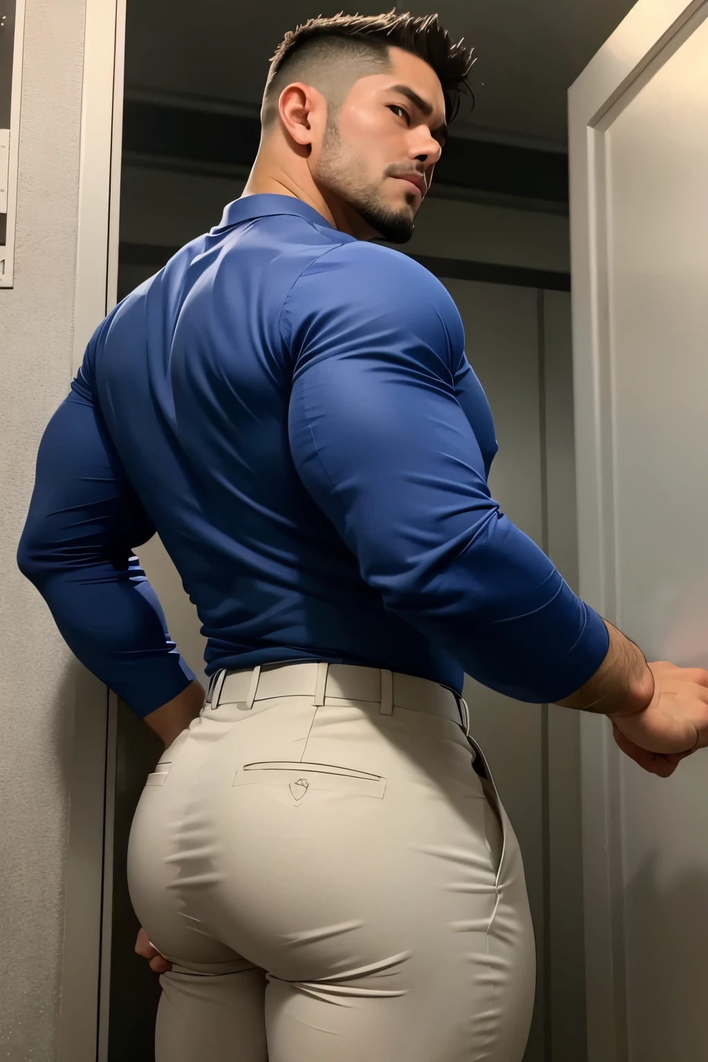 40-year-old boy Japanese muscular male in transparent white formal shirt......... short haired, bearded, wearing navy blue shiny trouser ...........gooning seductive expression.................... dripping on body and pants...................., arching back............... looking back to the camera. [[ huge big unrealistic butt,]] hairy legs.................. muscular thigh......................close up on butt........low angle camera looking up at body........... in locker room........
