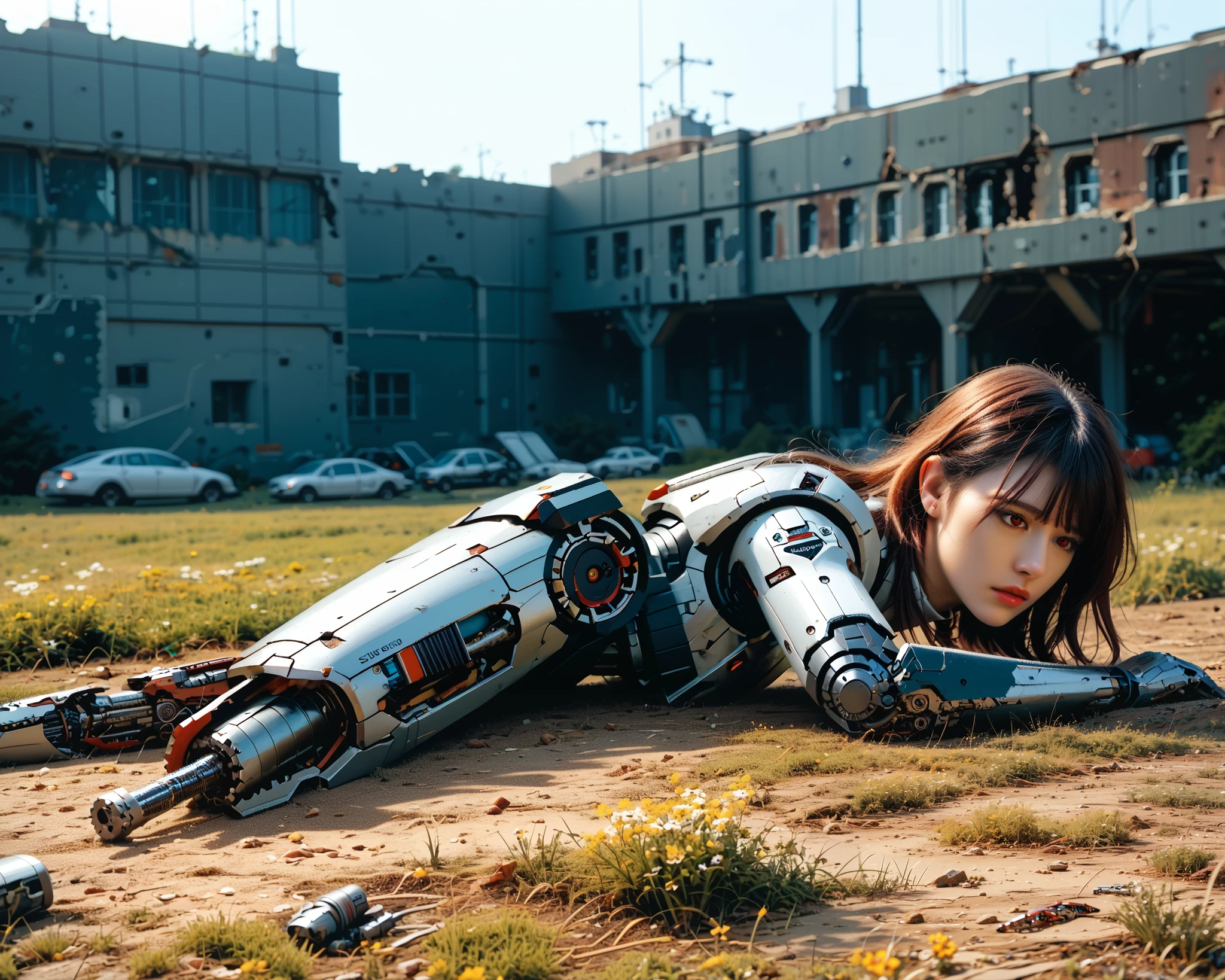 (((masterpiece))), (realism, realism texture, (science fiction, distant future), (top Quality, High Quality, top resolution, high resolution, (ultra detailed, high detailed))), (beautiful robot woman , woman is incredible machine:1.2), (beautiful face), (thin lips, wide mouth), red-lighting eyes, (robot white armor:1.3), machine frame, skirt, (steel knee-high greaves, (mechanical hands)), robot joint, (robot neck joint:1.2), (electronic component, damaged machine parts, big winged jet engine wing, broken neck), (severed leg:1.6), (robot torso), (Mechanical Gun Holster:1.3), Expressionless face, (cowboy shot:1.5), abandoned battefield, (closed mouth), (from side), (prone:1.3)