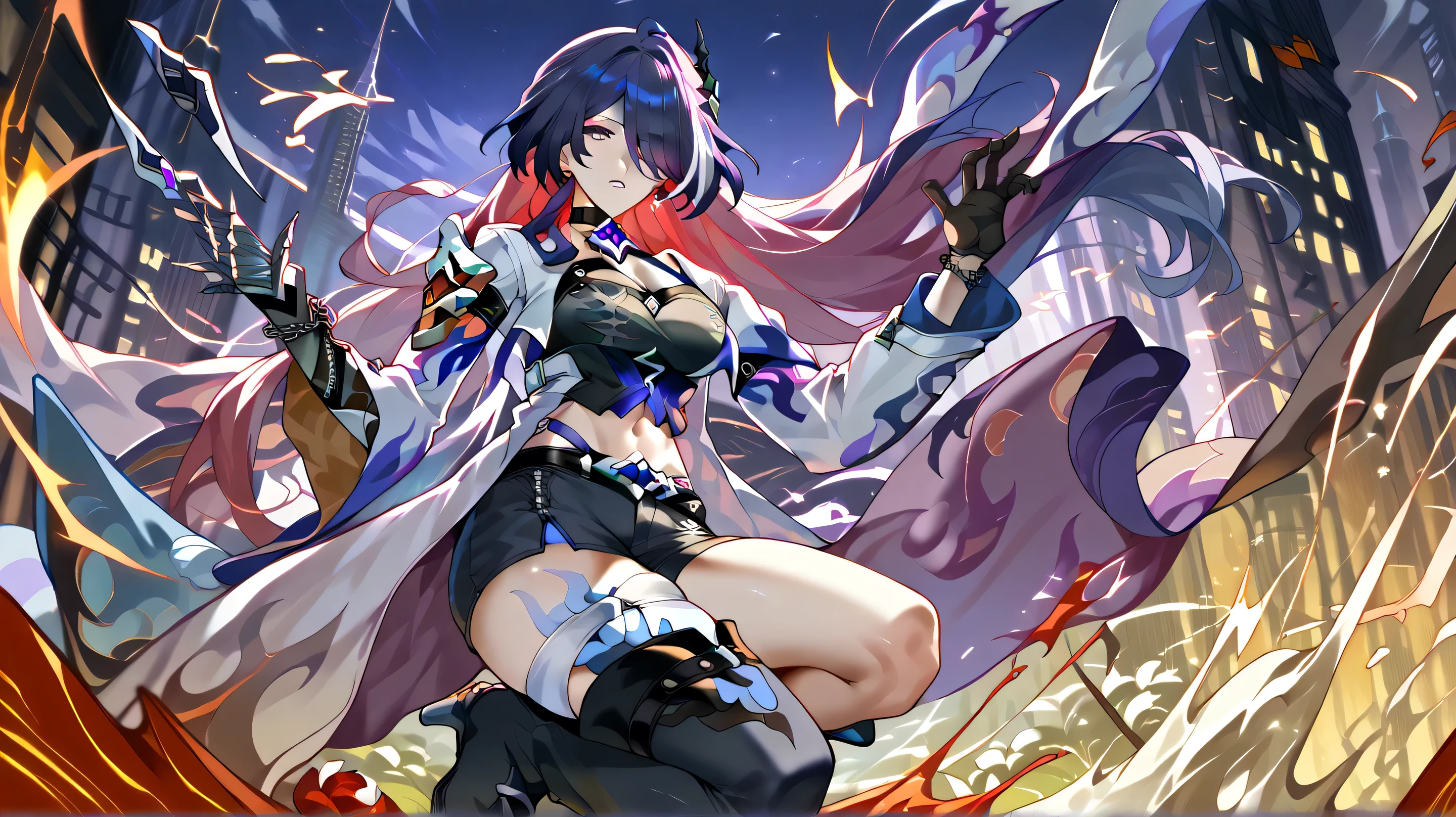((shylily)), ,Rose bushes,dragon,heart,feather,wing,branches,A long-haired girl holding a sword in her hand is half naked and wearing a leather jacket