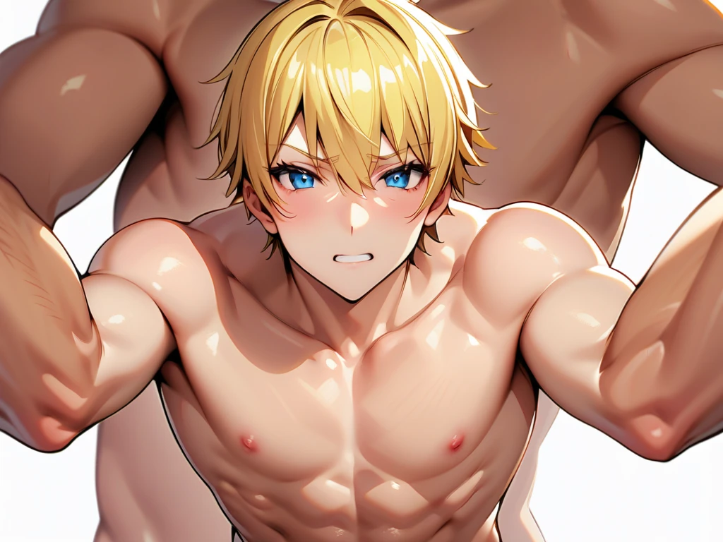 score_9, score_8_up, score_7_up, score_6_up, boy, blonde hair, one eye closed, yawning, shirtless, black shorts, cool, front, muscular, looking at viewer, simple white background, dynamic pose, concept art, RinotunaYei,