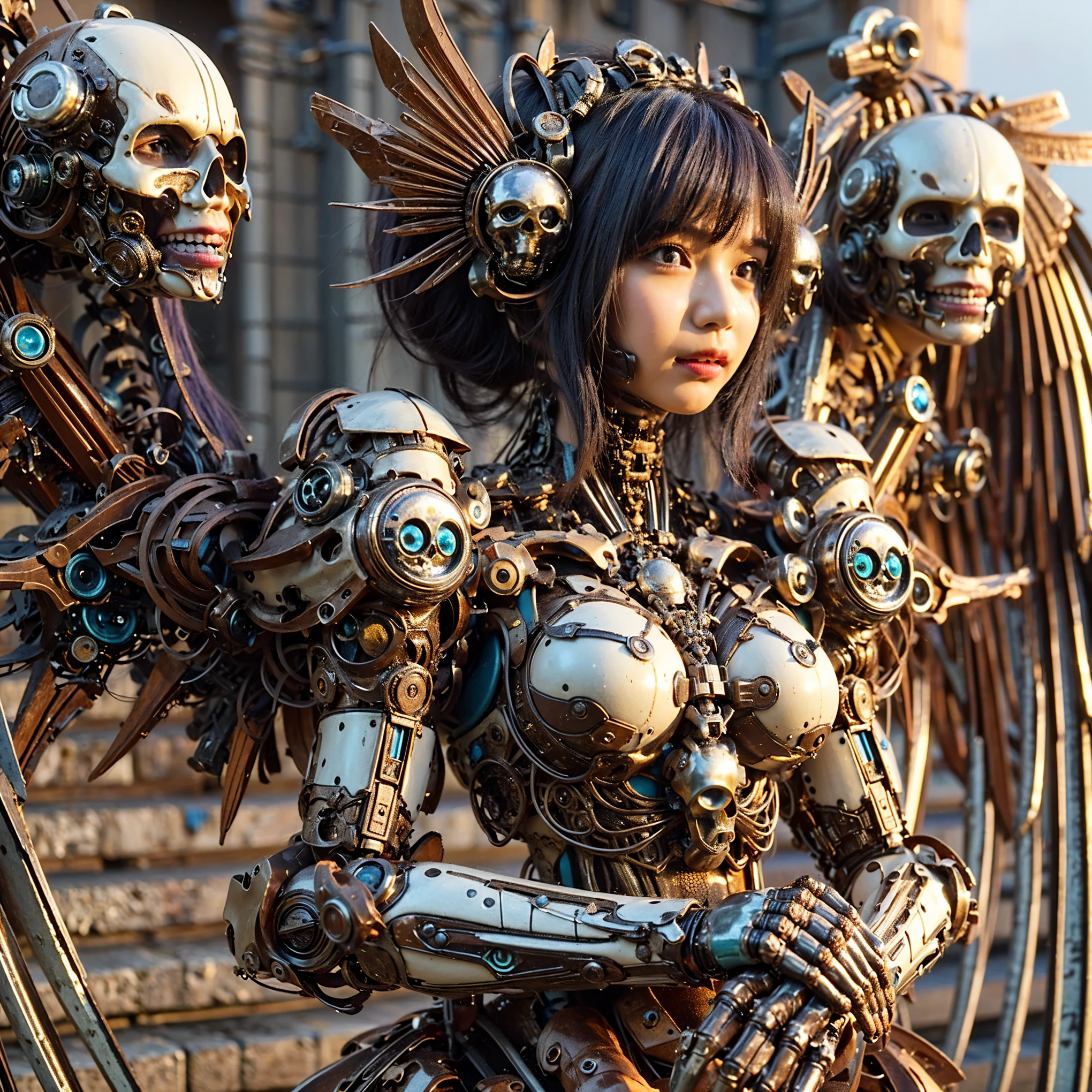 (Completely live action:1.37), (Amazingly realistic textures:1.37), (masterpiece, best quality:1.2), (8k uhd, 16k, 32k, ultra high res), amazingly realistic skin, amazingly realistic photo, superrealism, (photorealistic:1.37), (RAW photo), ultimately realistic, (ultimately realistic all details), (ultimately realistic all textures), super realistic lighting, super realistic shadow, (japanese girl:1.5), ((young face)), smiling, happy, super realistic face, ultimately realistic skin, ultimately realistic eyes, (mascara:1.35)ultimately realistic background, ultimately realistic detail up, kkw-ph1, ((drooping eyes, cyberpunk-style cyborg girl, amazingly intricate details, Anatomically perfect hands, mechanical body, silver knight armor, ultra glossy texture, purple hair))