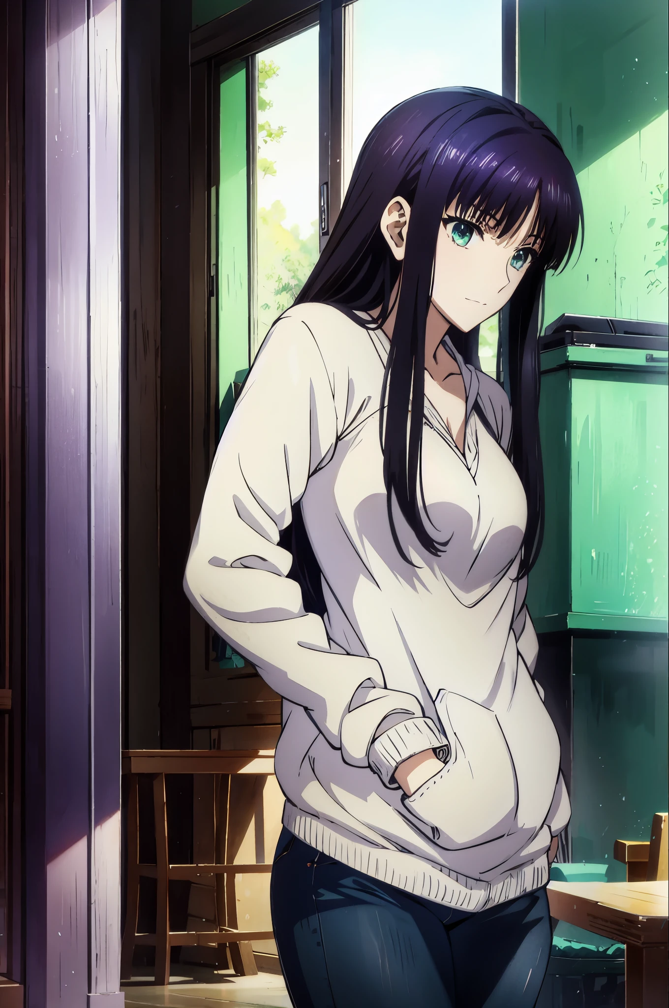 An anime girl in a white sweater and jeans is standing in a room, Another Iwakura, close up Another Iwakura, Destiny anime style /Stay, Katsuragi Misato, Hinata Hinata , Official anime scene photo , charming anime girl , anime best girl , Black Haired Girl Wearing a Hood , cute anime girl, Official Studio Anime Stills , Green Eyes