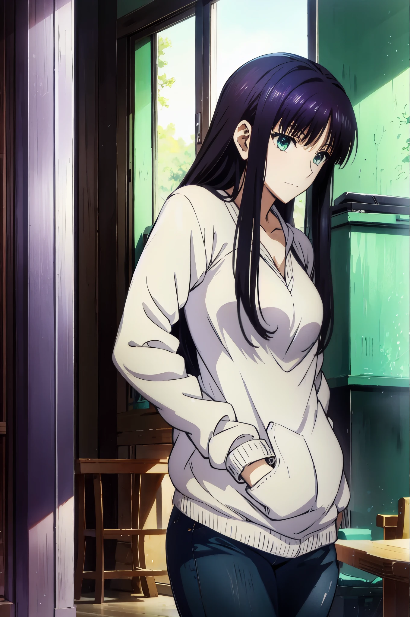 An anime girl in a white sweater and jeans is standing in a room, Another Iwakura, close up Another Iwakura, Destiny anime style /Stay, Katsuragi Misato, Hinata Hinata , Official anime scene photo , charming anime girl , anime best girl , Black Haired Girl Wearing a Hood , cute anime girl, Official Studio Anime Stills , Green Eyes