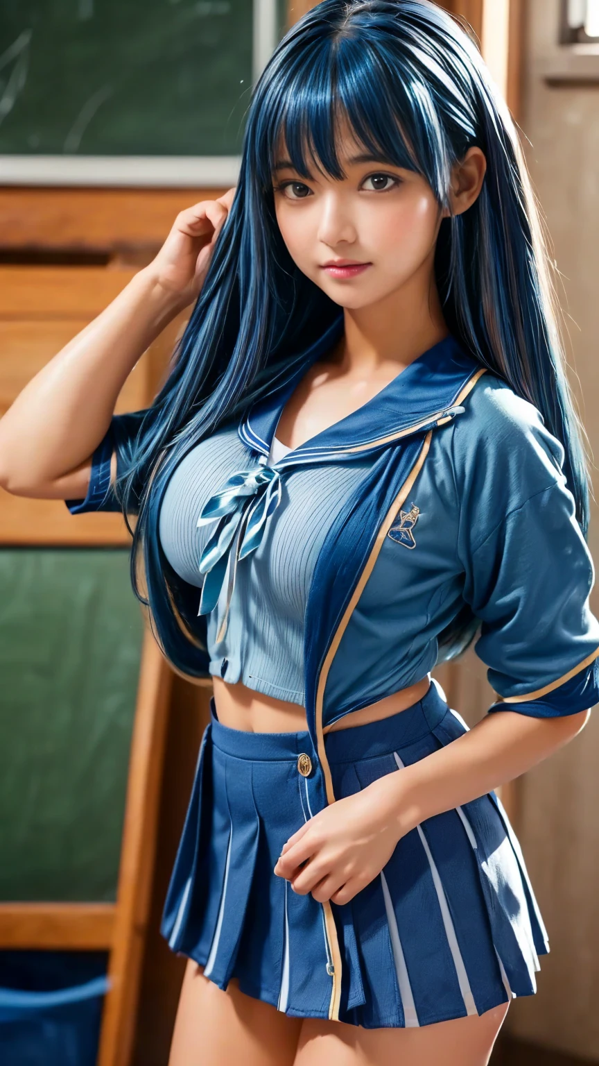 AGMM, 1girl, (Madonna, blue hair, Yellow_Skin, Colored_Skin:1.2), wearing wet see-through school uniform, large breasts, reveal, covered, skirt, thighhighs. inside building, classroom, sunbeams, bokeh, sparkles, evening, smile, sexy smile, --auto --s2