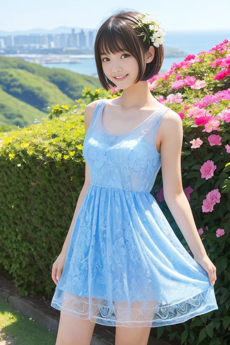 (Highest quality:1.5)、(Realistic:1.5)、(1 person:1.5)、(Upper Body:1.5)、Very detailed、High resolution、8k wallpaper、、Small breasts、Natural color lips、Cute Smile、Japanese women、20-year-old girl、Beautiful and elegant face、Perfect and beautiful face、Big eyes、Brunette's eyes、Beautiful and elegant face、Natural double eyelids、Natural Bangs、Beautiful thin nose、Beautiful Skin、Chestnut Hair、Medium Bob Hair、short hair、Natural Bangs、Perfect and beautiful face、Slim face and figure、(Staring at the camera with a cute expression)、Bright lighting、Professional Lighting、Forward lighting、Cute Smile、Summer blue sky、Mountain Grass Park、Look at the viewers、Low angle composition、(Staring at the camera with a cute expression)、Bright lighting、Professional Lighting、Forward lighting、Cute Smile、Beautiful clavicle、Beautiful legs:1.2、Smooth Skin、White floral dress、Sit on the grass、wariza, Place your hands between your legs、please sit down、Leaning forward、Shots from low angles、Sitting Girl、seiza、