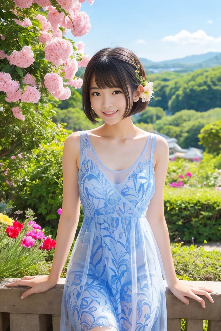 Cute girl、Classmate、17-year-old girl、Pretty girl、(White sand beach、Tropical Beach)、(one piece、Transparency、Detailed floral pattern、Light green fabric、Golden embroidery)、Beautiful feet、(Small breasts 1.3)、(smile、Perfect white teeth)、bangs、Short Hair、Cat ears headband、(Smooth Hair)、Slim body、(from below)、RAW Photos, (Highest quality、masterpiece、Realistic photo:1.2)、(Realistic:1.4)、Pastel Color Palette、Super detailed、Realistic skin texture、Beautiful eyes in every detail、Brown eyes、(Detailed Background、The background is blurry:1.2)、