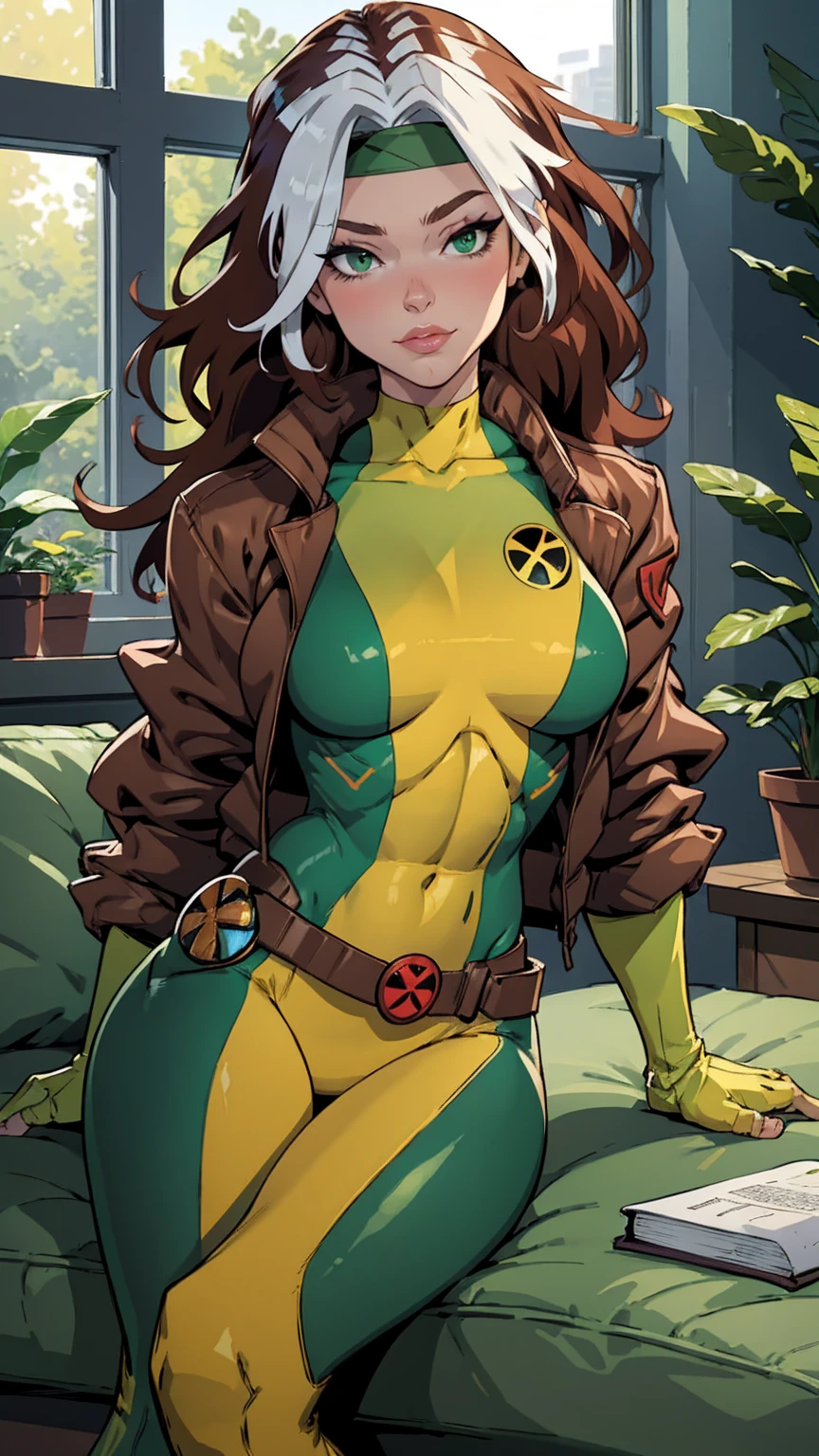 (masterpiece, best quality:1.2), classicrogue, 1girl, solo, long hair, breasts, smile, large breasts, brown hair, green eyes, jacket, big hair, white hair, multicolored hair, parted lips, open clothes, belt, two-tone hair, open jacket, lips, bodysuit, covered navel, makeup, muscular, headband, abs, skin tight, multicolored clothes, muscular female, dyed bangs, multicolored bodysuit, green bodysuit, yellow bodysuit, butterfly, bug, window, sitting, indoors, plant, book, laptop, computer, couch, looking at viewer, closed mouth, blurry, blue butterfly, potted plant, building, expressionless, depth of field, book stack, day