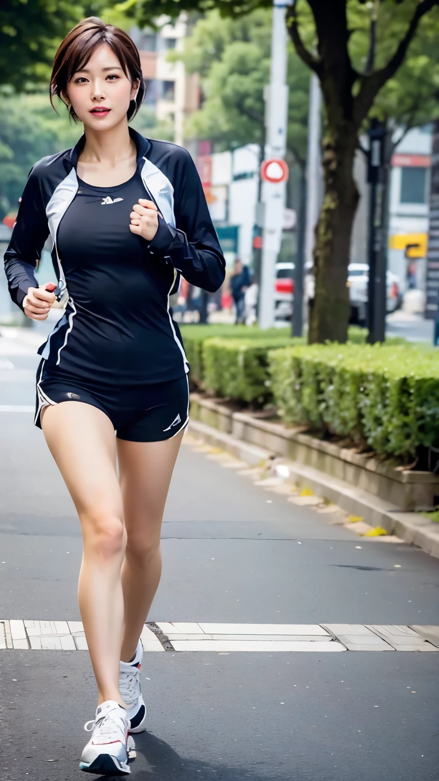 Top quality, one beautiful woman, running wear,short cut,35mm lens,f/1, park,large breasts,figure of a person walking