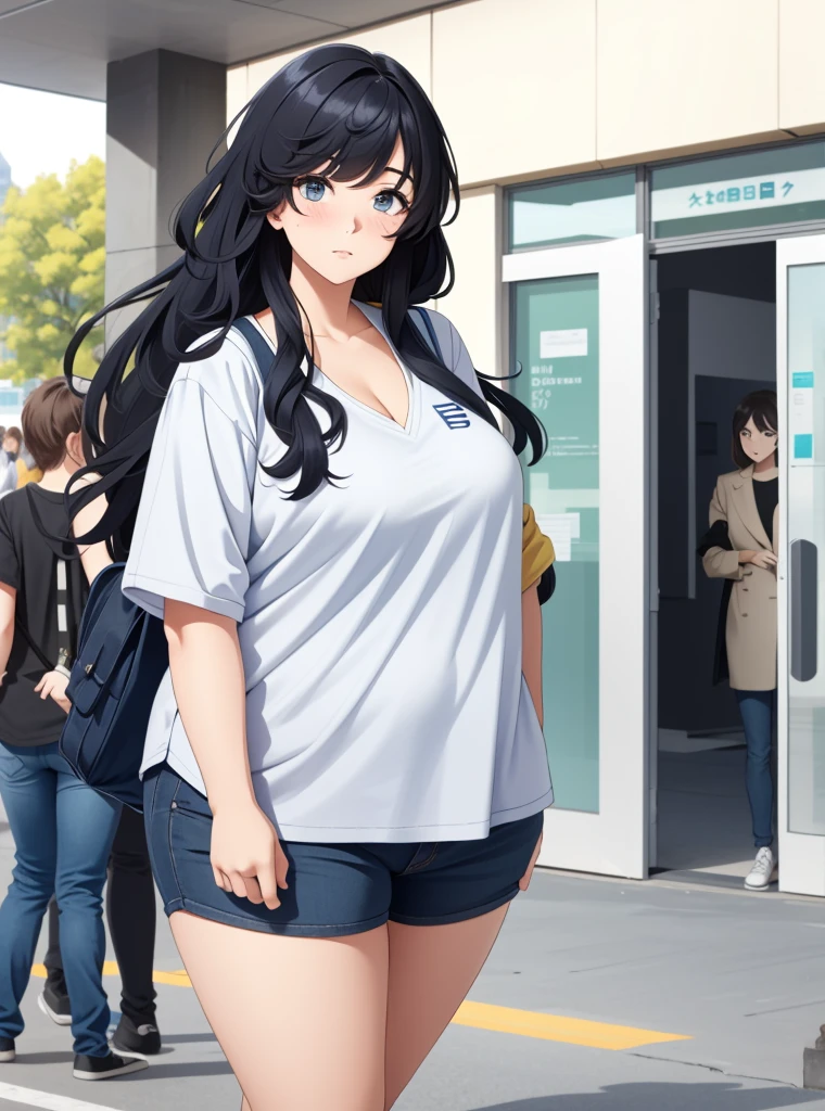 girl with curly black hair and bangs, white skin, her body is chubby, her eyes are heterochromia: brown right eye and blue right eye, her clothes are a light pink dress, black tights and converse tennis shoes, anime style, manhwa style