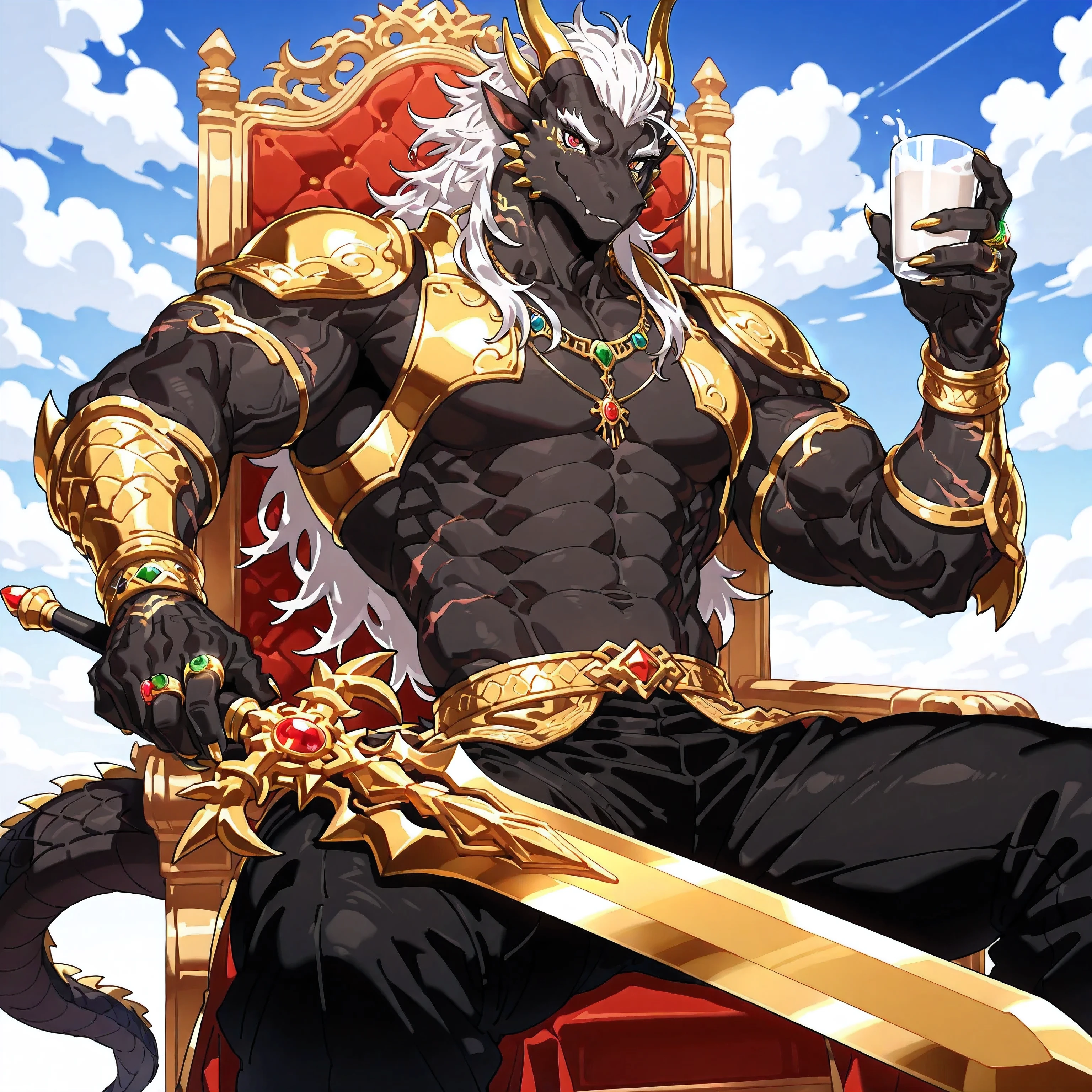 masterpiece, best quality , high quality, milk, ultra-high resolution ,year 2025,32K, Western god style ,semi-realistic style,( Muscular ,Big muscles, Muscular male:1.1), alone,alone,Half Body,1male,furry,Black Oriental Dragon ,Black dragon scales ,White belly, golden dragon horn with colorful rings,delicate eyes,detail eyes, Heterochromic eyes , one red eye , one golden eye , There are obvious scars on the face, black body mark ,5 fingers,5 toes,paw,golden nails , white hair ,Tail cluster , black body mark , wear a delicate gold costume :1.4,Wearing golden armor,( black dragon claws with an element ring on the back :1.2),Dressed all over with exquisite gold armor :1.5, Wearing gray-red armor and trousers:1.4, Wearing a blue necklace on the neck:1.2,Dragon Claw holds a sword :1.5,Golden sword, set in a golden throne :1.5, throne with a silver gold costume ,The palace of the gods,throne,Radiance, milk,The palace of the gods,Clouds, is full of divine atmosphere,Sitting on the throne, In the luxurious and magnificent palace,looking at viewer,front viewer,by IStanI:0.3,by raccoon21:0.8,by zoroj:0.6,by null-ghost:0.4,