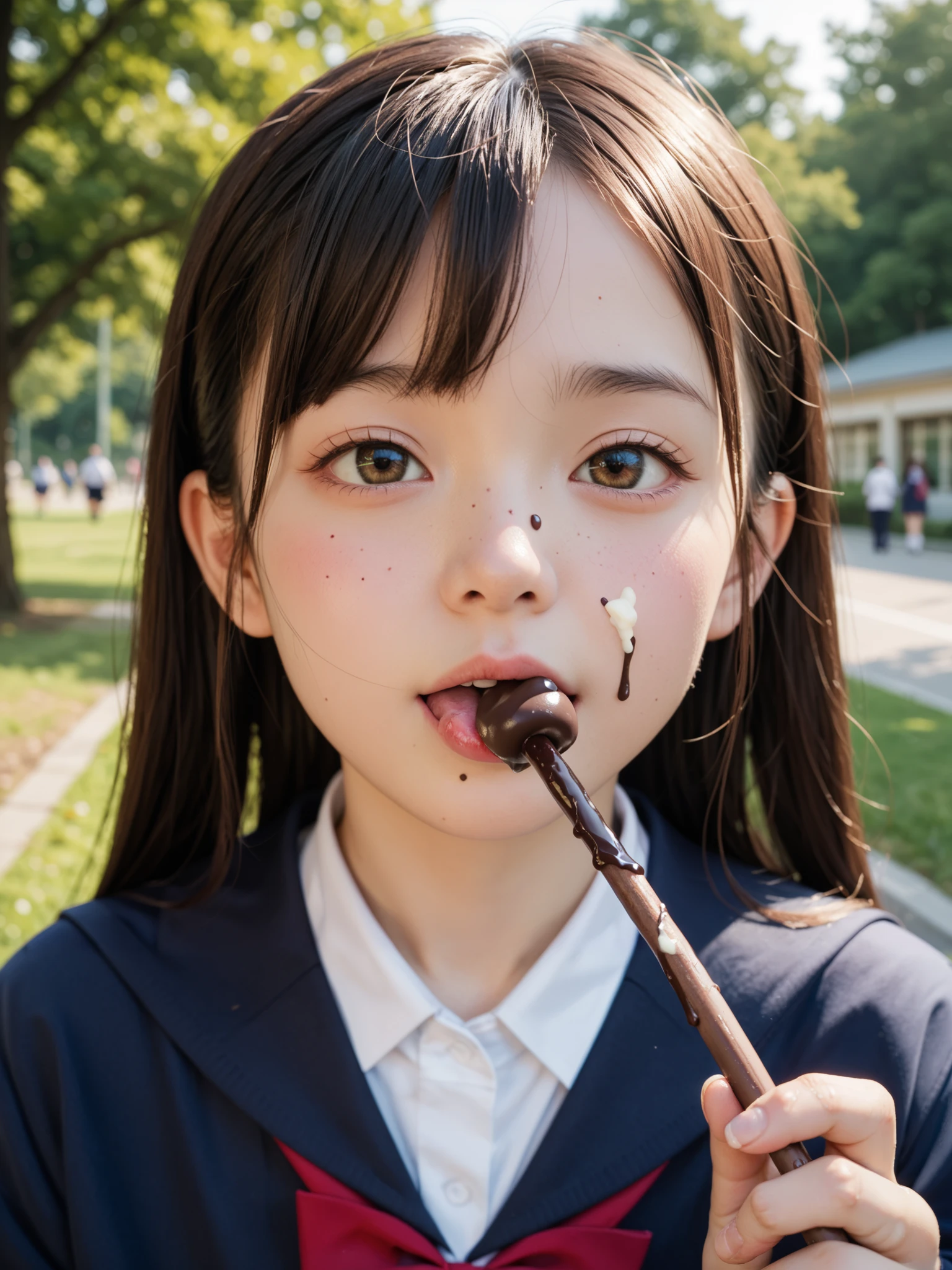 Licking a chocolate stick, nsfw, ites, loli, , japanese, Outdoors, school uniform, cream on face, 