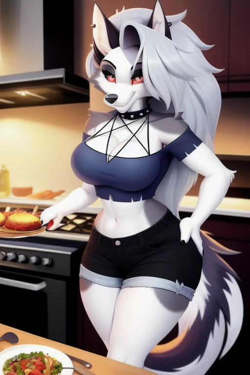 uploaded on e621, nsfw, raw photo, realistic, anthro, detailed face, detailed fur, snout, helluva boss, loona hellhound, loona, undone pants, in kitchen, big breast, (Apron), sexual pose, seductive pose, leaning forward, pin up, seduced