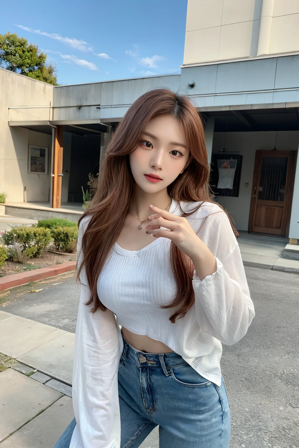 ((Masterpiece, high quality, best quality, ultra detailed, RAW Photo, 4k)), 1 girl, Asian girl, sensual woman, long wavy hair, brown red hair, perfect eyes, perfect face, delicate face, perfect eyelids, pale skin, (open white shirt, blue jeans pants), exposed lower abdomen, perfect hands, perfect fingers, crowded outdoor, (wearing necklace)