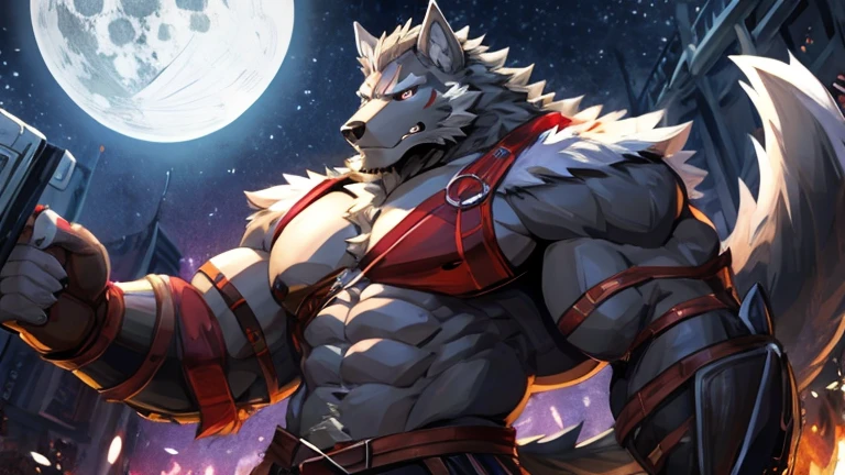(2d cel anime:1.3),solo,masterpiece,high quality,(detailed eyes),furry male wolf,((blaidd)),muscular,looking at viewer,anime,looking viewer,showing muscle,(kimono:1.2),(long hakama),(exaggerated pose),night,moon,grow,(by null-ghost),by pino daeni,by istani