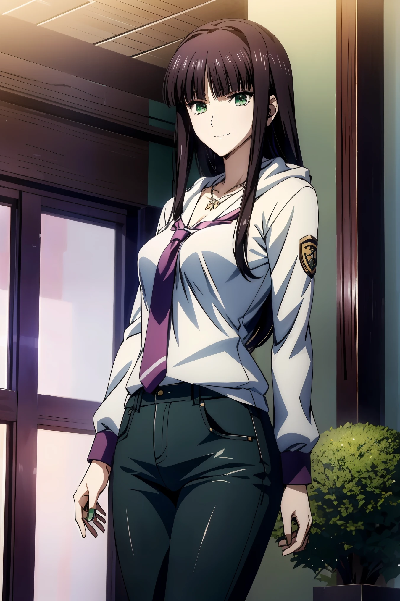 An anime girl in a white sweater and jeans is standing in a room, Another Iwakura, close up Another Iwakura, Destiny anime style /Stay, Official anime scene photo , charming anime girl , anime best girl , Black Haired Girl Wearing a Hood , cute anime girl, Official Studio Anime Stills , Green Eyes,UHD and 8K Connection , high resolution, Sophisticated CG , high quality shadows, details beautiful delicate face , Beautiful Delicate Eyes ,break( Ultra-fine8K壁紙),( high resolutionの DetailsなCG 8Kの壁紙),Makima ( chainsaw man), Sukasach ( destiny / GRAND ORDER REQUIRED ),Reika Shimodaira , portai , Very Delicate and Beautiful CG Illustration ,最 high quality , Real Feel ,Realistic Fabric, realistic texture , beautiful thighs, Big Breasts 、 slim waist,((( Masterpiece))), (((最 high quality ))),8k,32K, Masterpiece, Beautiful Attractive Anime Woman , Ultra-fine, 非常に Detailsな , high resolution, Super Realistic High School Student , masseter area , 最 high quality , high quality , high image quality , high qualityのテクスチャ, high quality シャドウ, 高い Details, Details,1 personの少女, high school student seen from the side , alone,I,1 person, alone,1 person, tall ,AS-Adult, adult ,Leg length, beautiful long legs ,8 heads, Statue :171cm, mature girl ,赤 purple hair,赤 purple hair, purple hair, Black Currant Hair , silky smooth hair, colorful hair, 4 Straight Hair ,smile, Happy Smiling , Vivid Expression ,かわいいsmile,Cool Beauty, Beautiful Woman with Sweaty Face, pretty face, Beautiful realism, cross , Bewitching looks ,Quiet look, beautiful hair,She wears a necklace around her neck, necklace, ビーズ necklace ,Magatama Accessories,smile, colorful eyes, Green Eyes,Jade Green Eyes, beautiful eyes, bright eyes,Delicat eyes, Jewel Eyes ,Jade Eyes, droopy eyes ,( Green Eyes:1.5), enchanting face ,175 cm tall