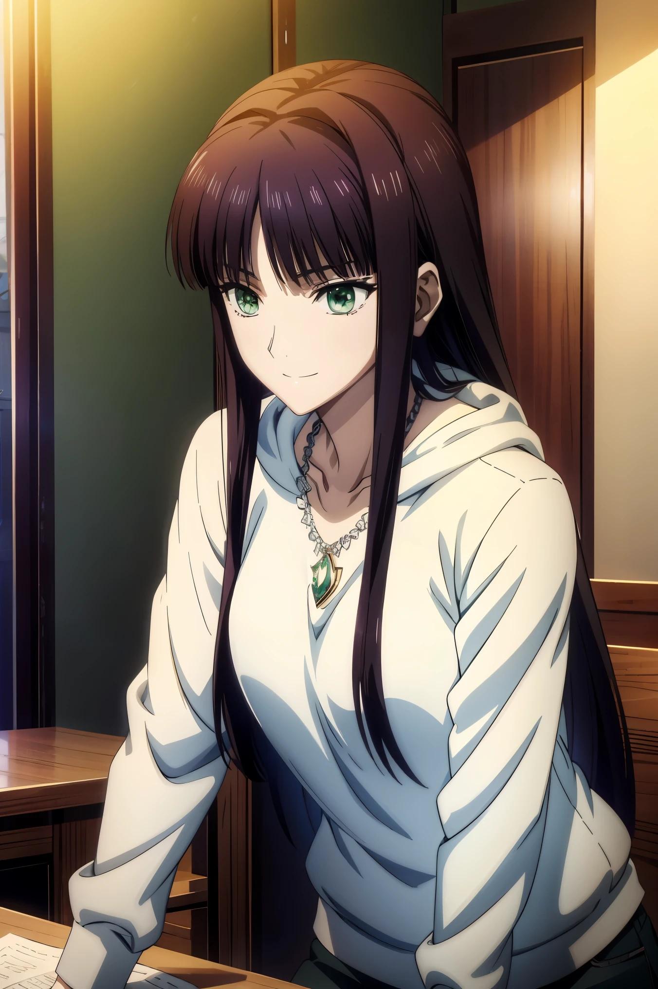 An anime girl in a white sweater and jeans is standing in a room, Another Iwakura, close up Another Iwakura, Destiny anime style /Stay, Official anime scene photo , charming anime girl , anime best girl , Black Haired Girl Wearing a Hood , cute anime girl, Official Studio Anime Stills , Green Eyes,UHD and 8K Connection , high resolution, Sophisticated CG , high quality shadows, details beautiful delicate face , Beautiful Delicate Eyes ,break( Ultra-fine8K壁紙),( high resolutionの DetailsなCG 8Kの壁紙),Makima ( chainsaw man), Sukasach ( destiny / GRAND ORDER REQUIRED ),Reika Shimodaira , portai , Very Delicate and Beautiful CG Illustration ,最 high quality , Real Feel ,Realistic Fabric, realistic texture , beautiful thighs, Big Breasts 、 slim waist,((( Masterpiece))), (((最 high quality ))),8k,32K, Masterpiece, Beautiful Attractive Anime Woman , Ultra-fine, 非常に Detailsな , high resolution, Super Realistic High School Student , masseter area , 最 high quality , high quality , high image quality , high qualityのテクスチャ, high quality シャドウ, 高い Details, Details,1 personの少女, high school student seen from the side , alone,I,1 person, alone,1 person, tall ,AS-Adult, adult ,Leg length, beautiful long legs ,8 heads, Statue :171cm, mature girl ,赤 purple hair,赤 purple hair, purple hair, Black Currant Hair , silky smooth hair, colorful hair, 4 Straight Hair ,smile, Happy Smiling , Vivid Expression ,かわいいsmile,Cool Beauty, Beautiful Woman with Sweaty Face, pretty face, Beautiful realism, cross , Bewitching looks ,Quiet look, beautiful hair,She wears a necklace around her neck, necklace, ビーズ necklace ,Magatama Accessories,smile, colorful eyes, Green Eyes,Jade Green Eyes, beautiful eyes, bright eyes,Delicat eyes, Jewel Eyes ,Jade Eyes, droopy eyes ,( Green Eyes:1.5), enchanting face ,175 cm tall
