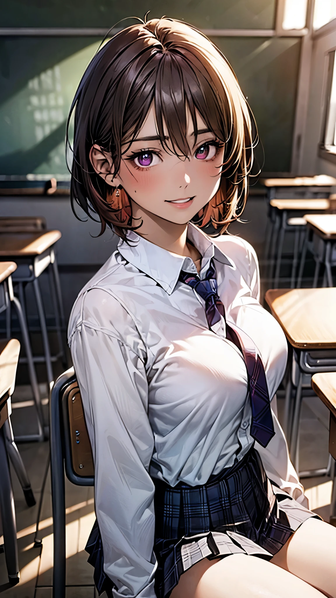 (masterpiece:1.2, highest quality), (Realistic, photoRealistic:1.4), Beautiful illustrations, (Natural Side Lighting, Cinema Lighting), 
View your viewers, (breast focus), (From above:1.1), close, 1 female, Japanese, 22 years old, High School Teacher, Perfect Face, Cute and symmetrical face, Shiny skin, Baby Face, 
(short hair, Straight hair, Dark brown hair), Hair between the eyes, Deep purple eyes, (Earrings, 
Beautiful Hair, Beautiful Face, Beautiful fine details, Beautiful clavicle, Beautiful body, Beautiful breasts, Beautiful thighs, Beautiful feet, Beautiful fingers, 
(((White collared shirt), Black Pantyhose, purple neck ribbon), 
(Beautiful views), evening, classroom, blackboard, sitting school chair, Are standing, (Cute smile, Upward glance), 