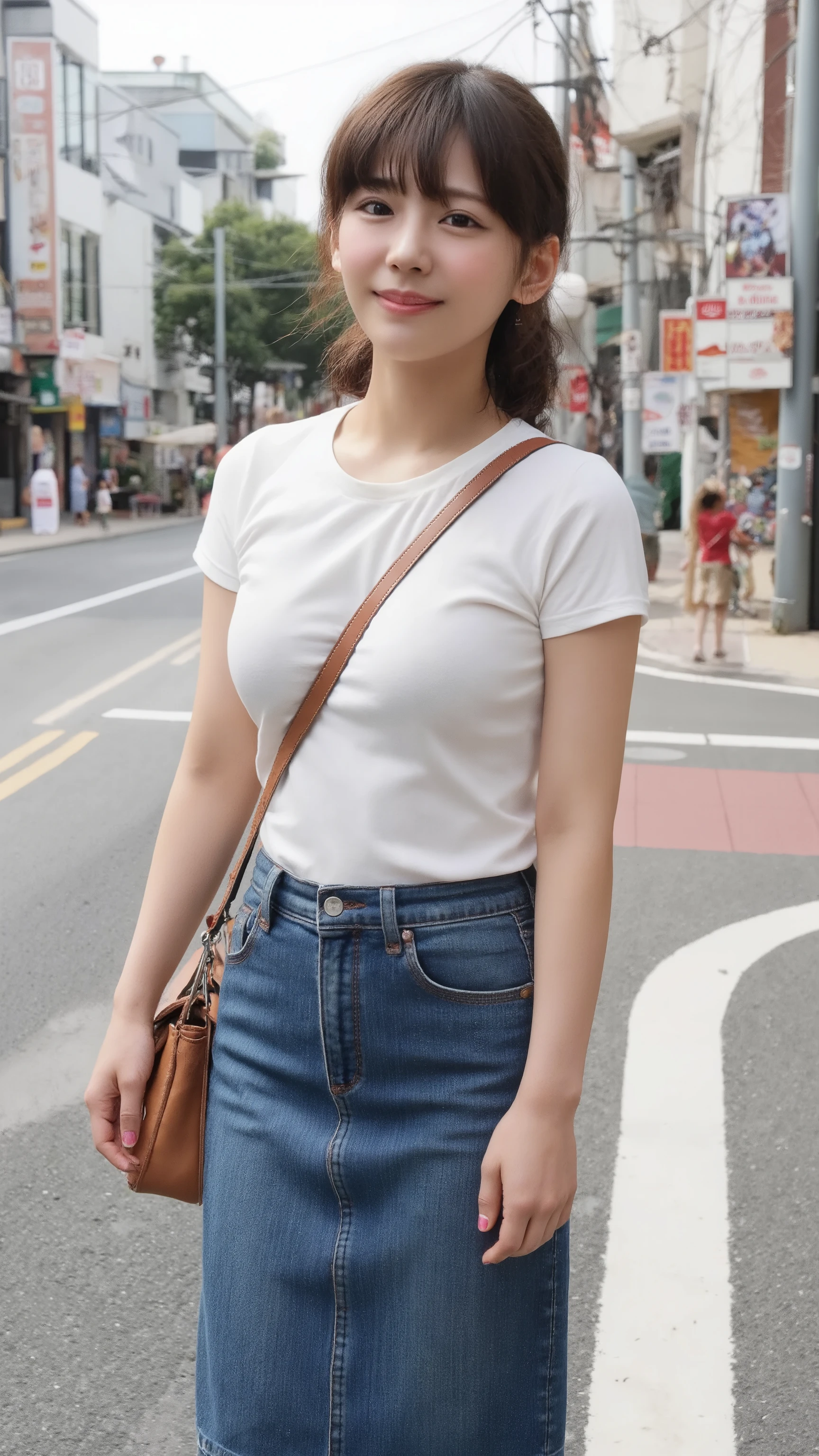 Smiling teenage girl walking through a street corner in Tokyo where many people come and go。I'm wearing a white T-shirt and a tight denim mermaid-line long skirt、 sneakers similar to Oko 。 A girl with beautiful short black hair and tanned skin is looking at me with an upward gaze。I'm hanging my sports bag diagonally、Photorealistic image of the bag strap passing between the chest 、Large breasts are emphasized。Photorealistic image of the composition of the whole body seen from the side、(paisla)、(Big Breasts:1.3)、(Tight denim skirt:1.3)